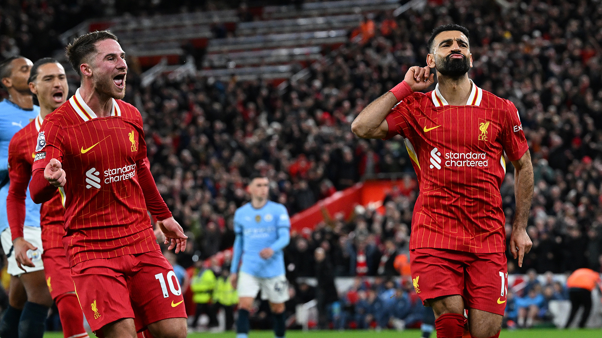 Mohamed Salah of Liverpool celebrating after scoring the second goal during the Premier League match between Liverpool FC and Manchester City FC at Anfield on December 01, 2024 in Liverpool, England.