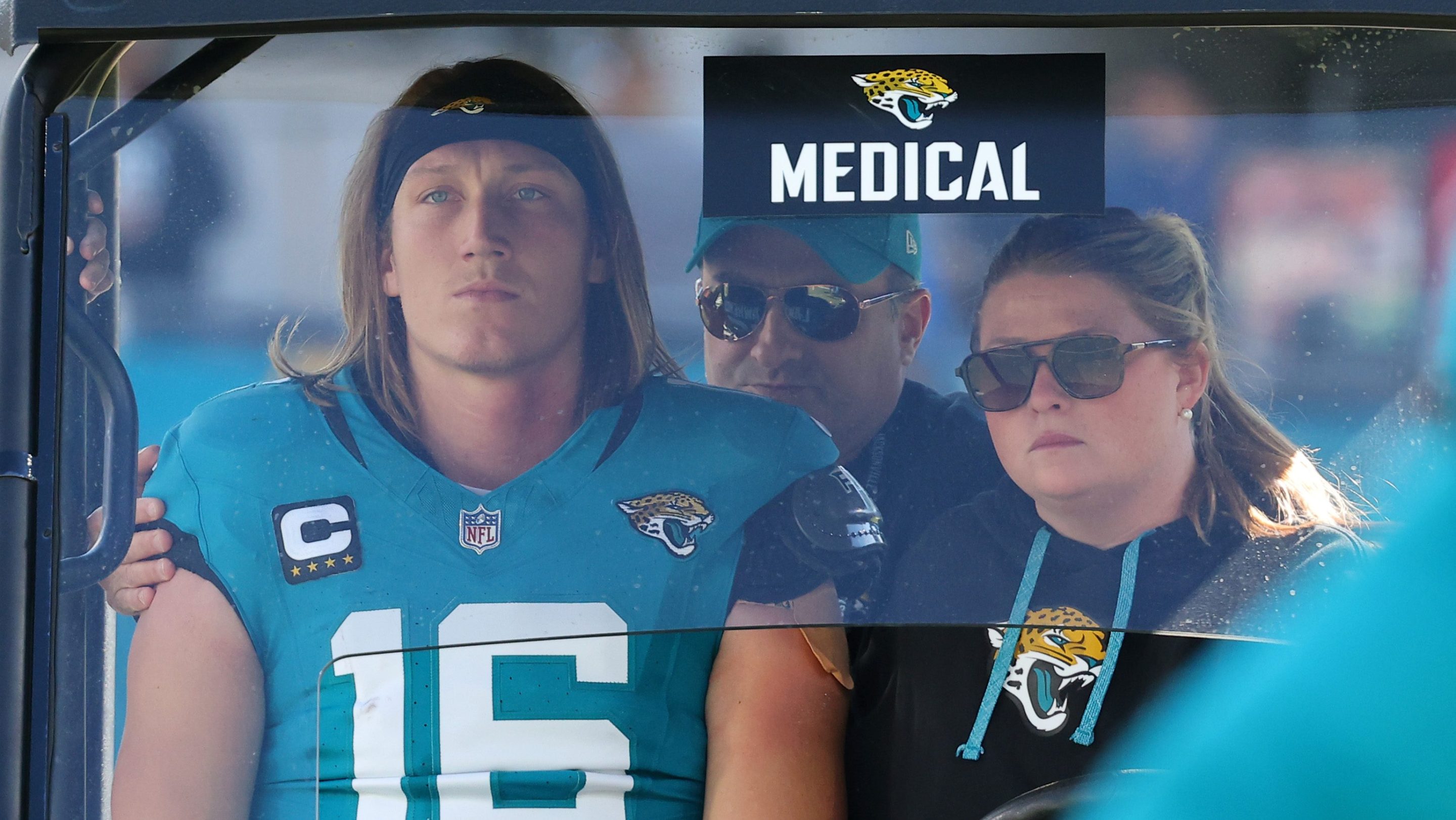 Quarterback Trevor Lawrence #16 of the Jacksonville Jaguars is taken off the field in a medical cart during the second quarter of a game against the Houston Texans at EverBank Stadium on December 01, 2024 in Jacksonville, Florida.