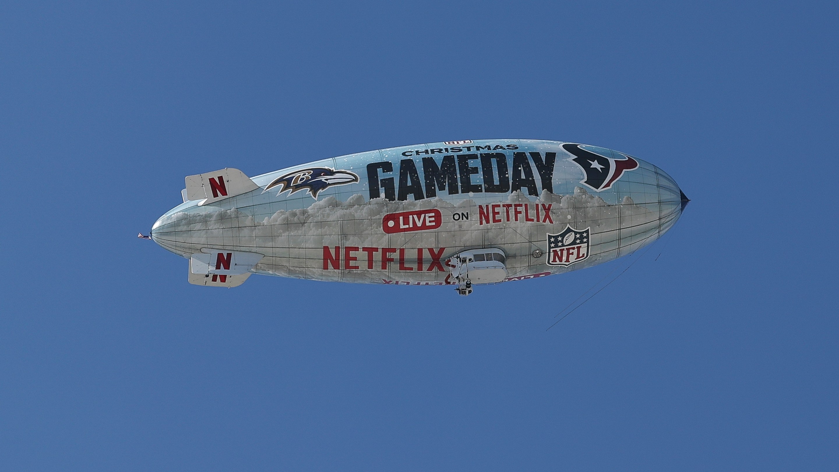 NEW ORLEANS, LOUISIANA - DECEMBER 01: NFL Christmas Gameday signage on a blimp advertising the NFL's two Christmas Day marquee games streaming live on Netflix on December 01, 2024 in New Orleans, Louisiana. (Photo by Aaron M. Sprecher/Getty Images)