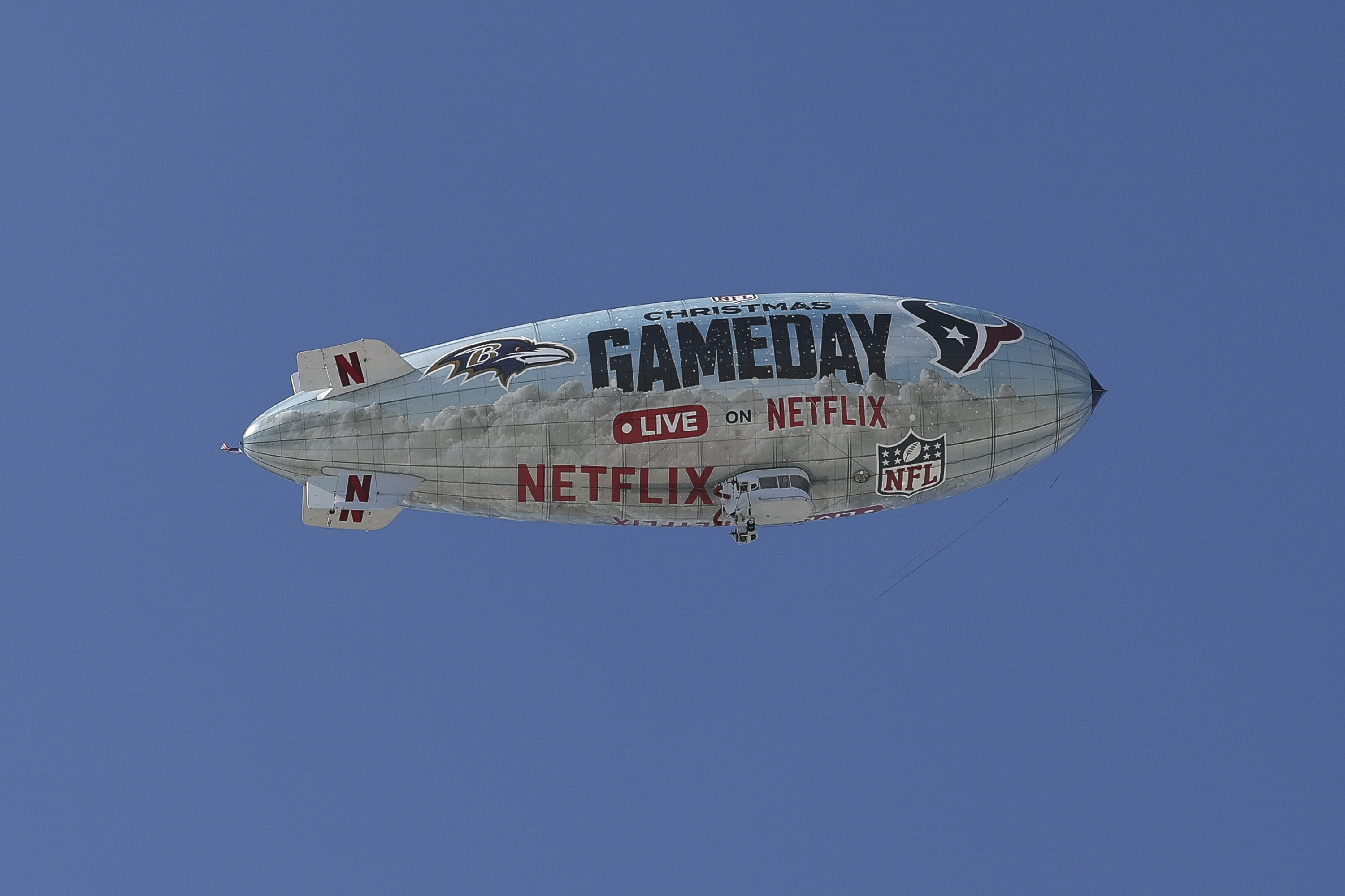 NEW ORLEANS, LOUISIANA - DECEMBER 01: NFL Christmas Gameday signage on a blimp advertising the NFL's two Christmas Day marquee games streaming live on Netflix on December 01, 2024 in New Orleans, Louisiana. (Photo by Aaron M. Sprecher/Getty Images)