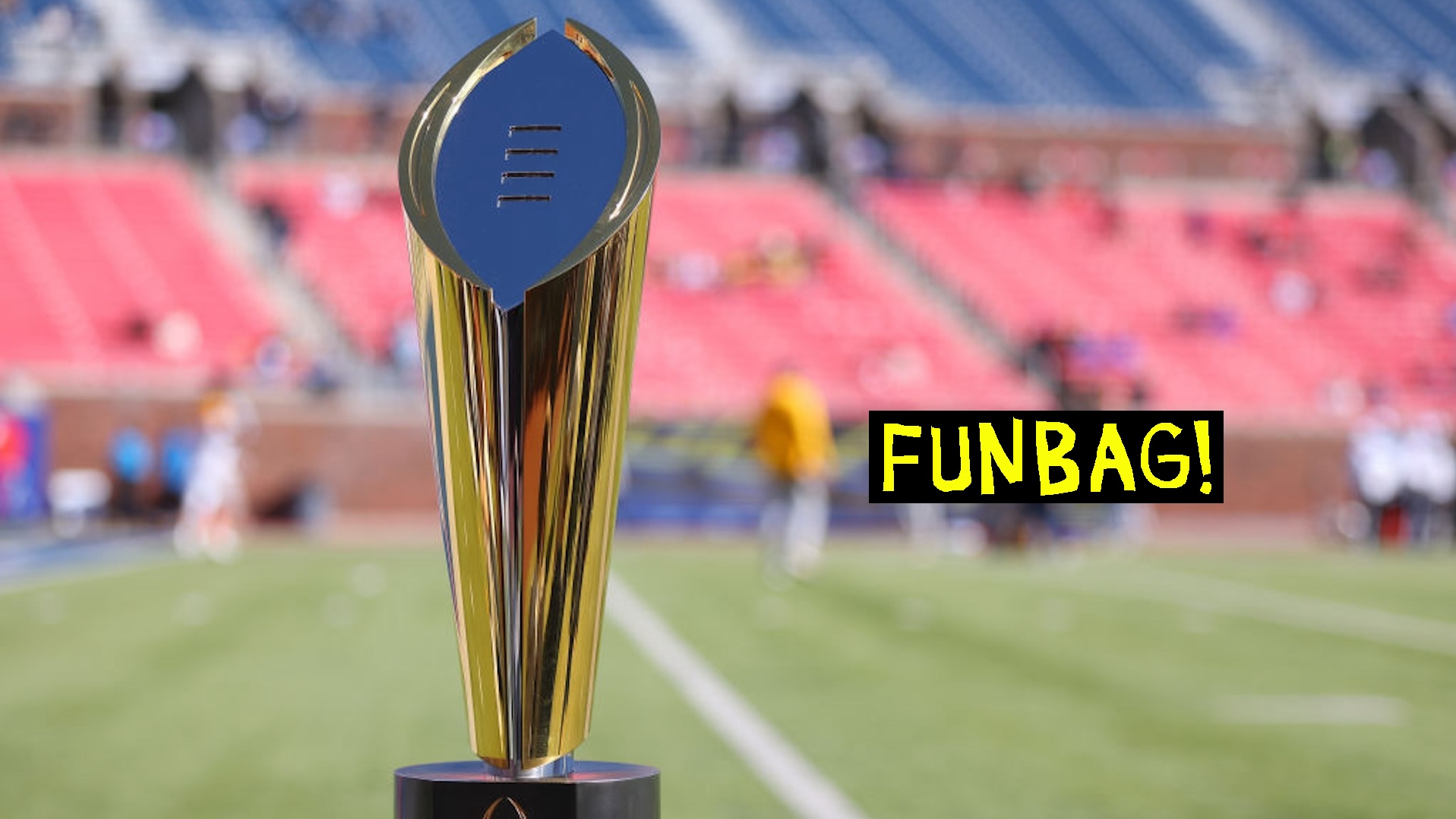 DALLAS, TEXAS - NOVEMBER 30: A detail view of the College Football Playoff championship trophy is shown prior to the game between the Dallas Cowboys and the New York Giants at Gerald J. Ford Stadium on November 30, 2024 in Dallas, Texas.