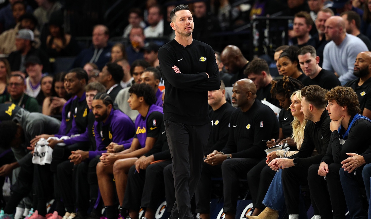 MINNEAPOLIS, MINNESOTA - DECEMBER 02: Head coach JJ Redick of the Los Angeles Lakers looks on against the Minnesota Timberwolves in the first quarter at Target Center on December 02, 2024 in Minneapolis, Minnesota. NOTE TO USER: User expressly acknowledges and agrees that, by downloading and or using this photograph, User is consenting to the terms and conditions of the Getty Images License Agreement. (Photo by David Berding/Getty Images)