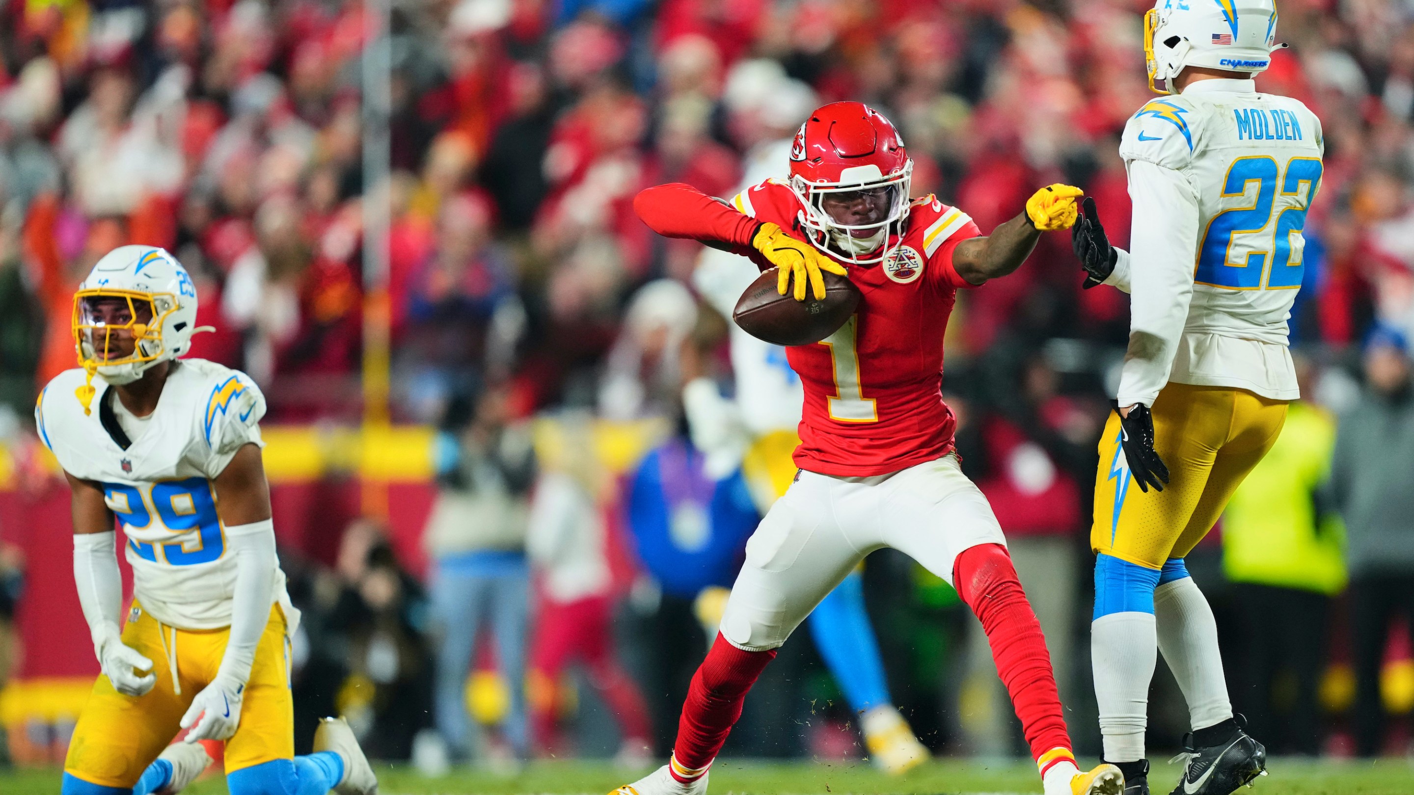 Xavier Worthy celebrates a first down in the Chargers-Chiefs game.