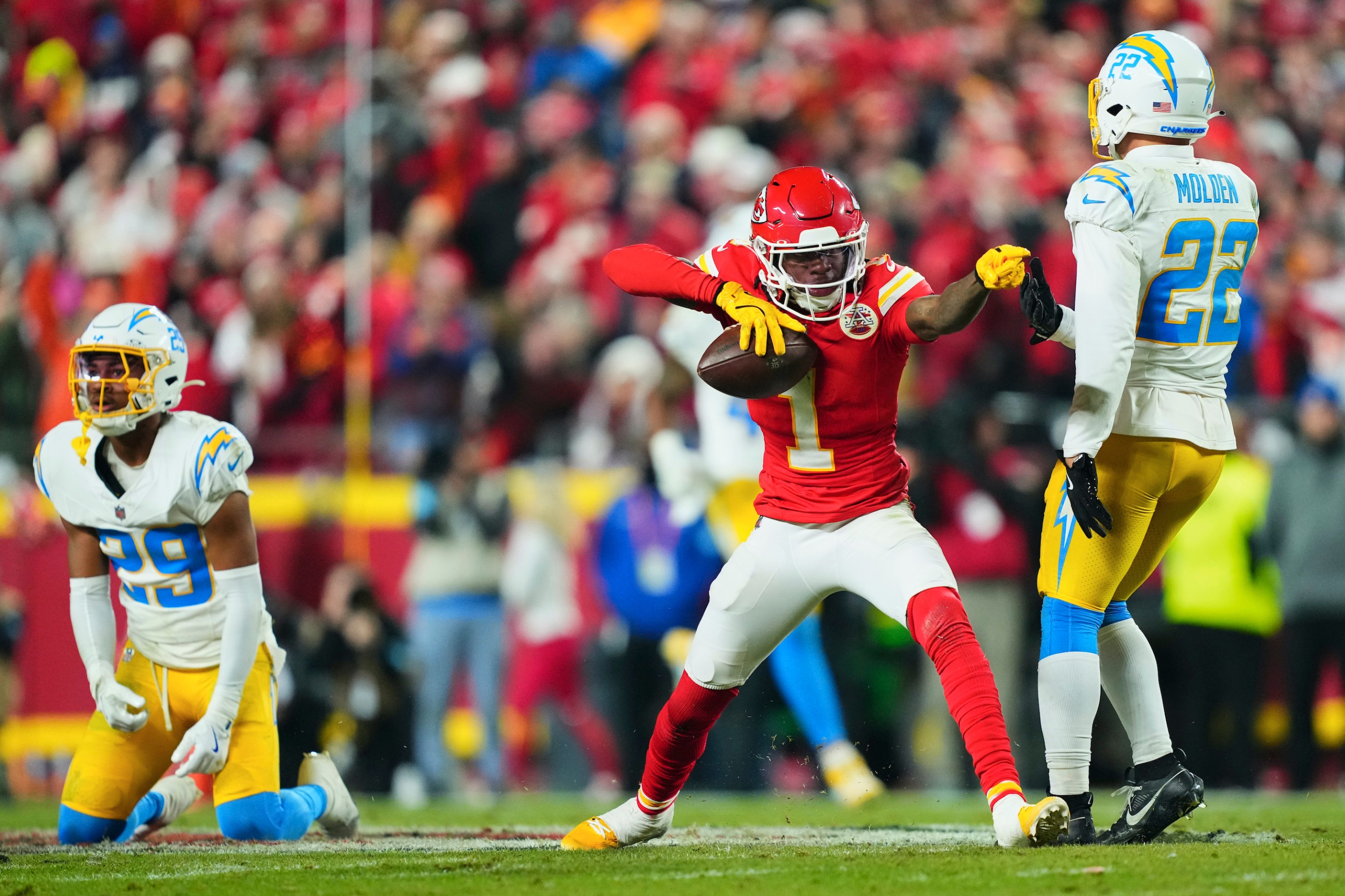 Xavier Worthy celebrates a first down in the Chargers-Chiefs game.