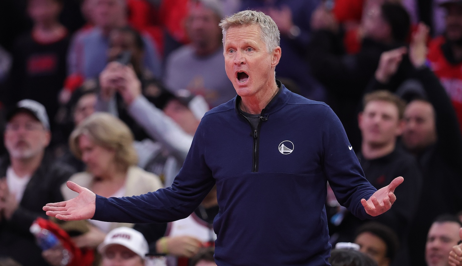 HOUSTON, TEXAS - DECEMBER 11: Head coach Steve Kerr of the Golden State Warriors reacts during the second half of a quarterfinal game against the Houston Rockets in the NBA Emirates Cup at Toyota Center on December 11, 2024 in Houston, Texas. NOTE TO USER: User expressly acknowledges and agrees that, by downloading and or using this photograph, User is consenting to the terms and conditions of the Getty Images License Agreement. (Photo by Alex Slitz/Getty Images)