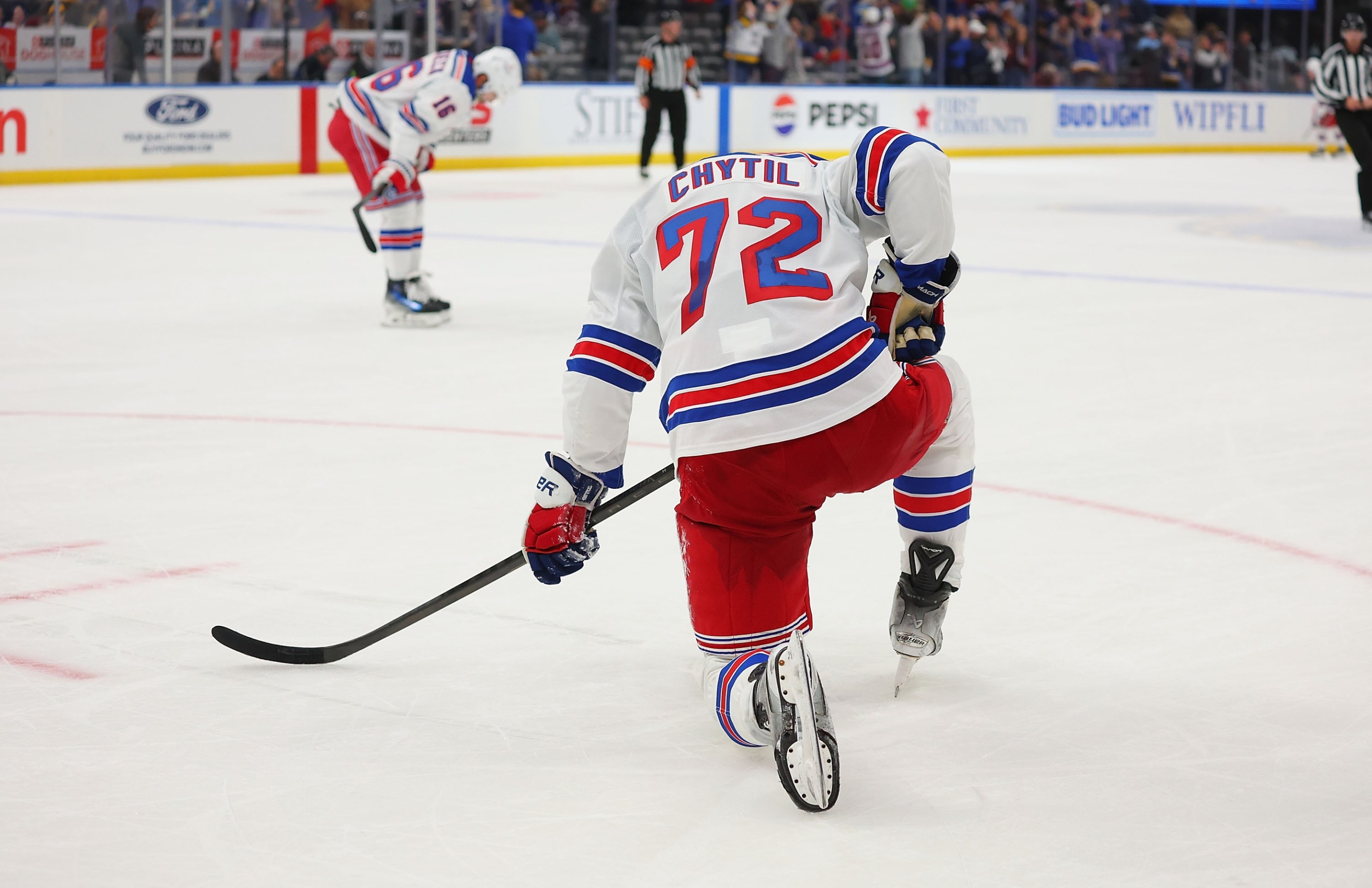 ST LOUIS, MISSOURI - DECEMBER 15: Filip Chytil #72 of the New York Rangers reacts after losing to the St. Louis Blues 3-2 at Enterprise Center on December 15, 2024 in St Louis, Missouri. (Photo by Dilip Vishwanat/Getty Images)