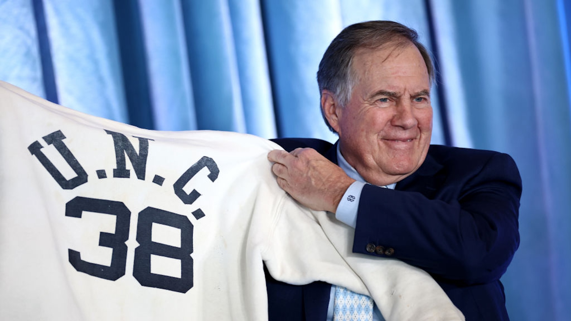 CHAPEL HILL, NORTH CAROLINA - DECEMBER 12: Head Coach Bill Belichick of the North Carolina Tar Heels poses during a press conference on December 12, 2024 in Chapel Hill, North Carolina.