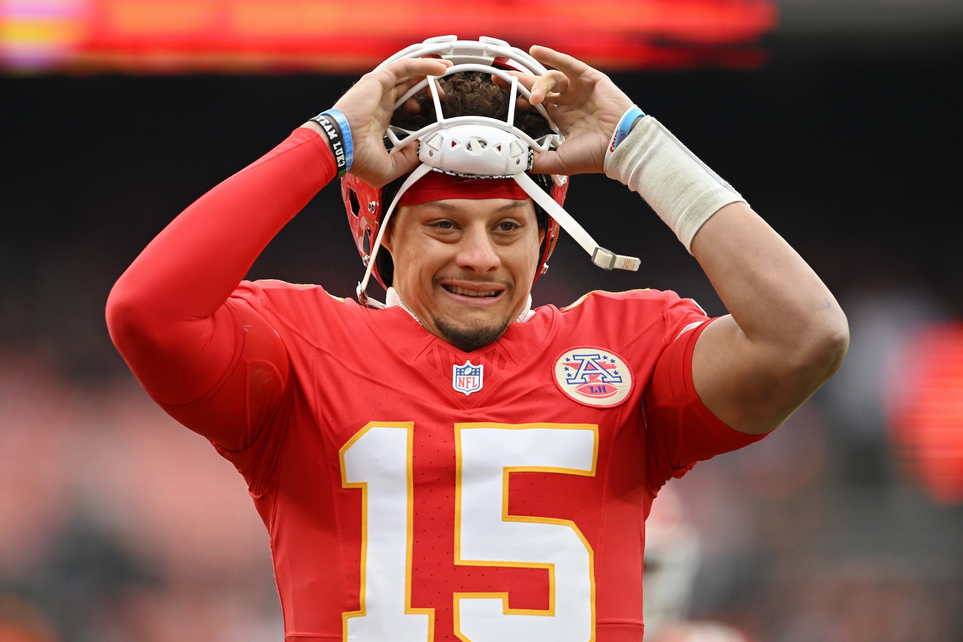 CLEVELAND, OHIO - DECEMBER 15: Patrick Mahomes #15 of the Kansas City Chiefs looks on during the first quarter against the Cleveland Browns at Huntington Bank Field on December 15, 2024 in Cleveland, Ohio.