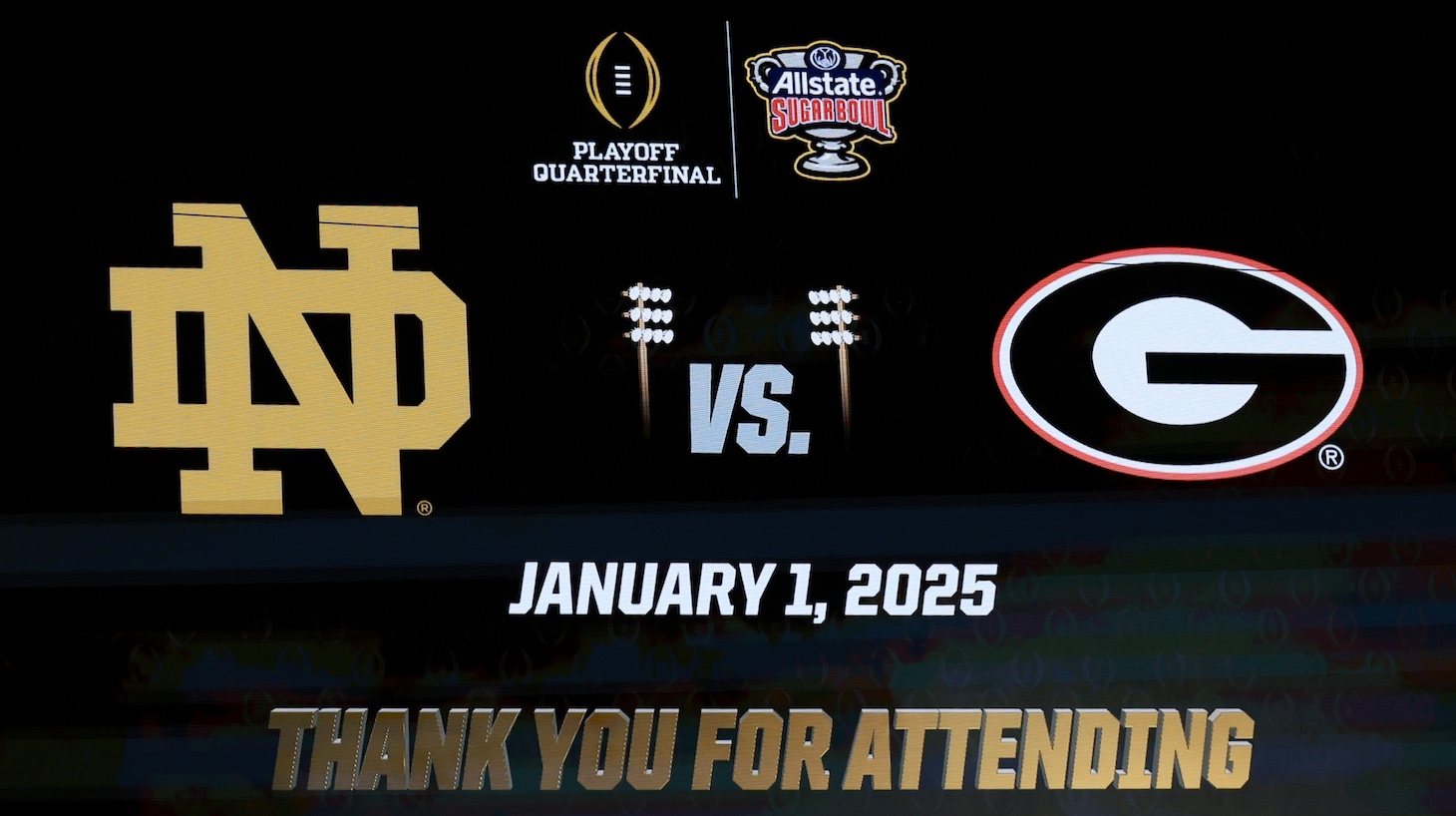 A video message displayed in the stadium after Notre Dame Fighting Irish defeated the Indiana Hoosiers on December 20, 2024, during the CFP First Round playoff game at Notre Dame Stadium in South Bend, Indiana.