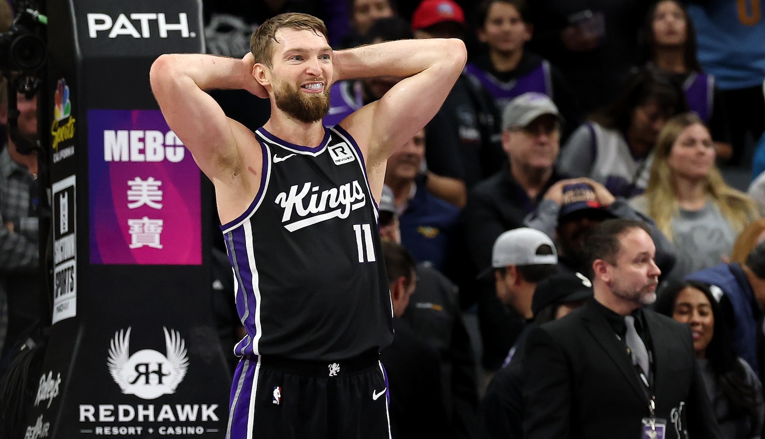 SACRAMENTO, CALIFORNIA - DECEMBER 16: Domantas Sabonis #11 of the Sacramento Kings reacts after they lost to the Denver Nuggets in the second half at Golden 1 Center on December 16, 2024 in Sacramento, California. NOTE TO USER: User expressly acknowledges and agrees that, by downloading and/or using this photograph, user is consenting to the terms and conditions of the Getty Images License Agreement. (Photo by Ezra Shaw/Getty Images)