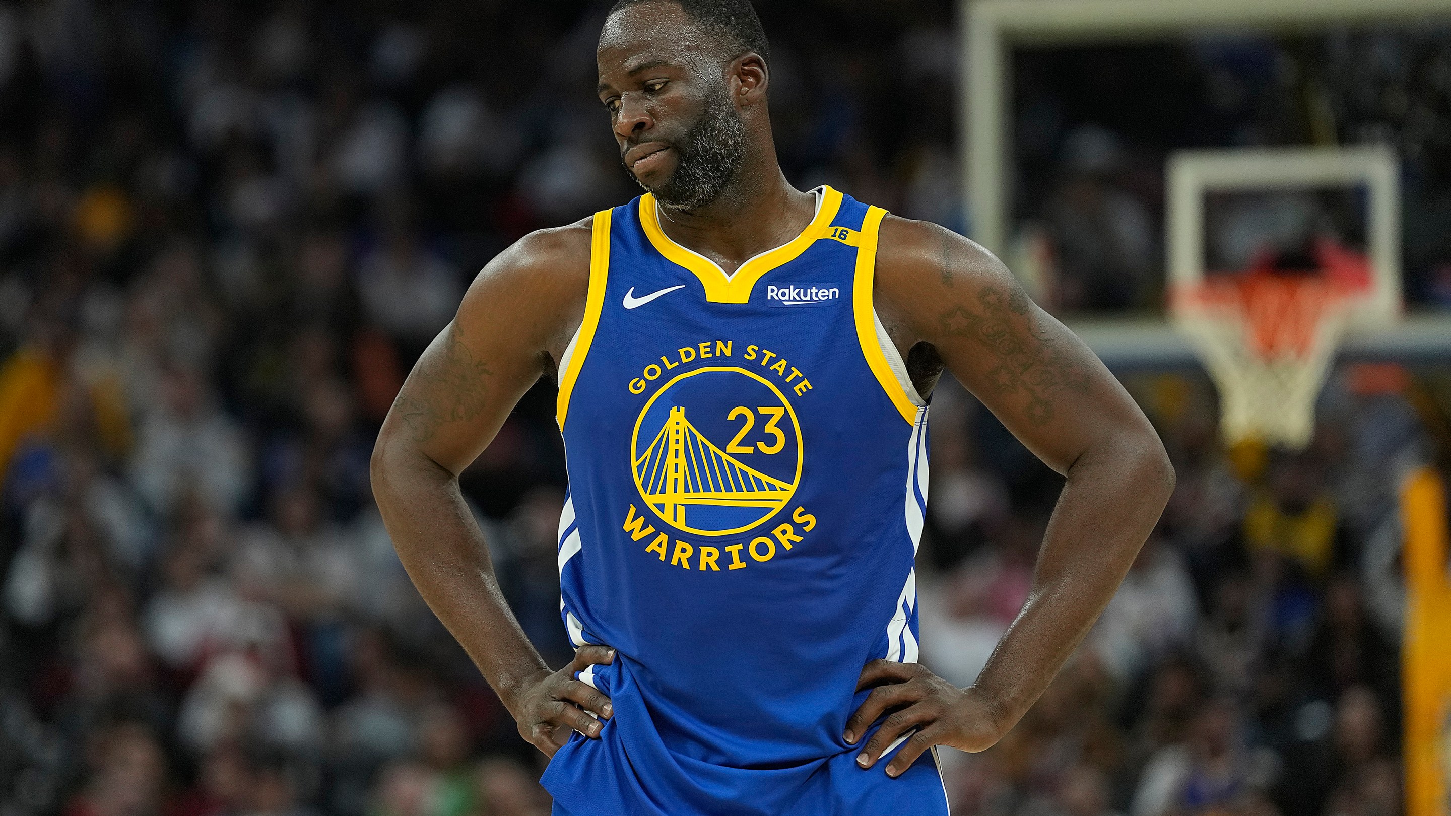 Draymond Green of the Golden State Warriors reacts after a foul call against the Los Angeles Lakers during the first half at Chase Center on December 25, 2024 in San Francisco