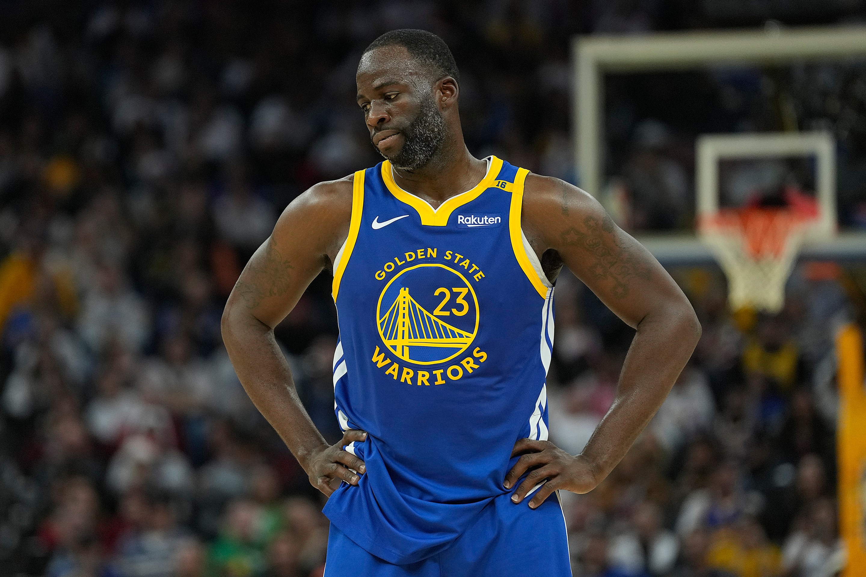 Draymond Green of the Golden State Warriors reacts after a foul call against the Los Angeles Lakers during the first half at Chase Center on December 25, 2024 in San Francisco