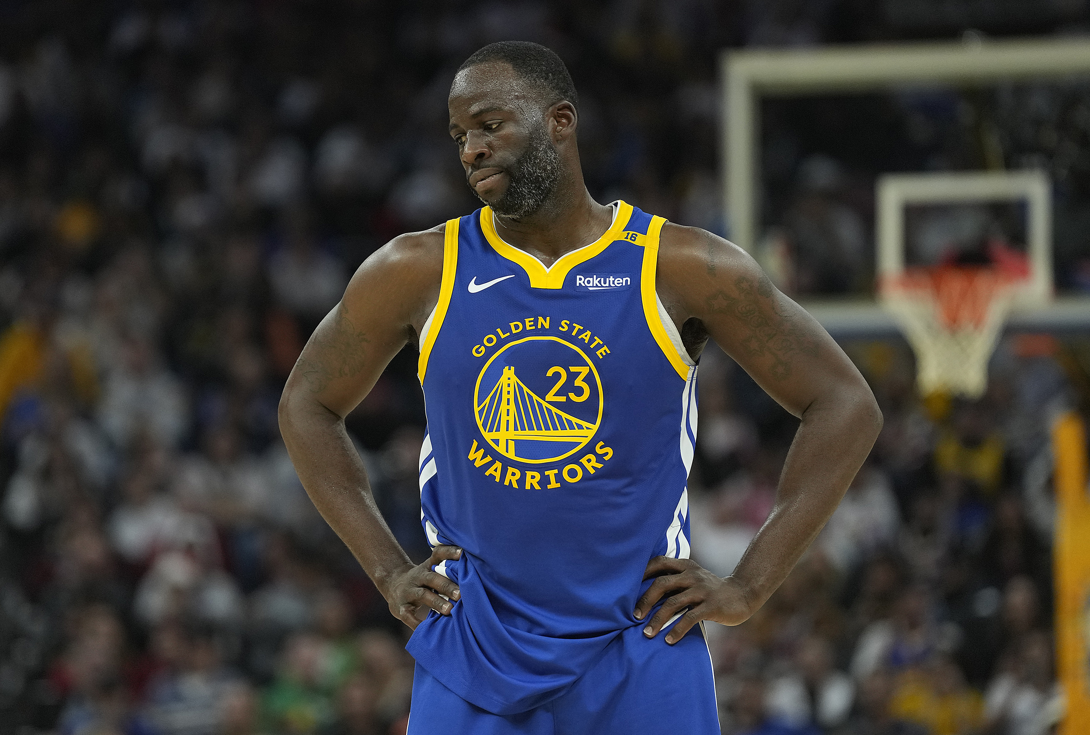 Draymond Green of the Golden State Warriors reacts after a foul call against the Los Angeles Lakers during the first half at Chase Center on December 25, 2024 in San Francisco