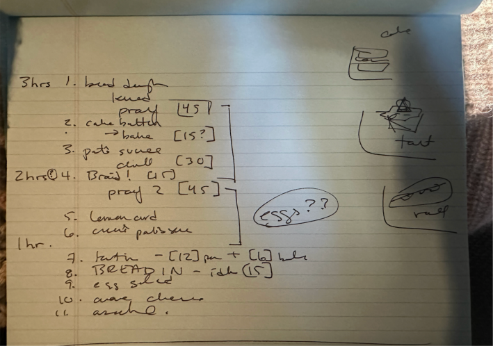 Kelsey's handwritten plan for the bake, written in very fast cursive.