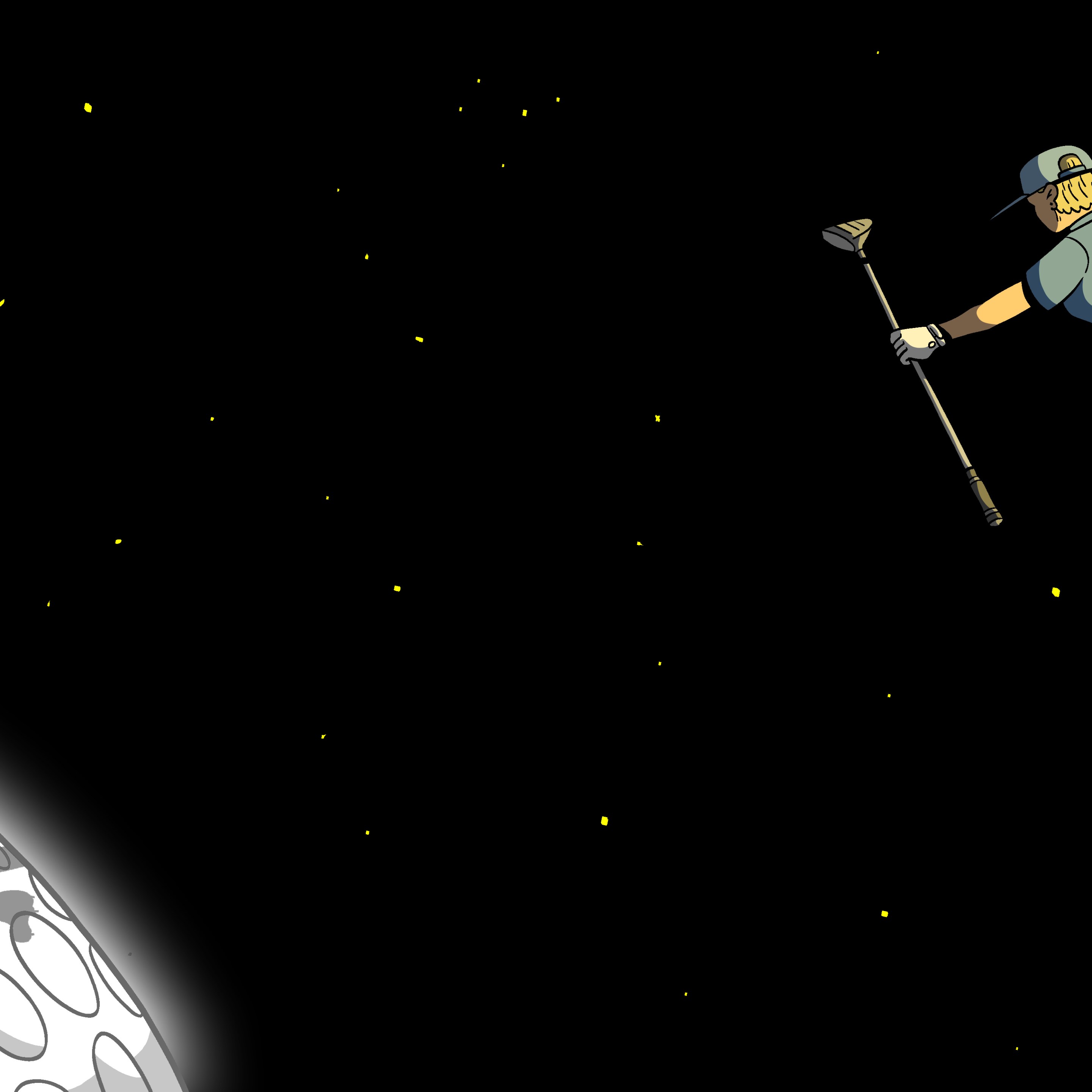a female golfer floats in space, looking down on a giant moon-like golf ball