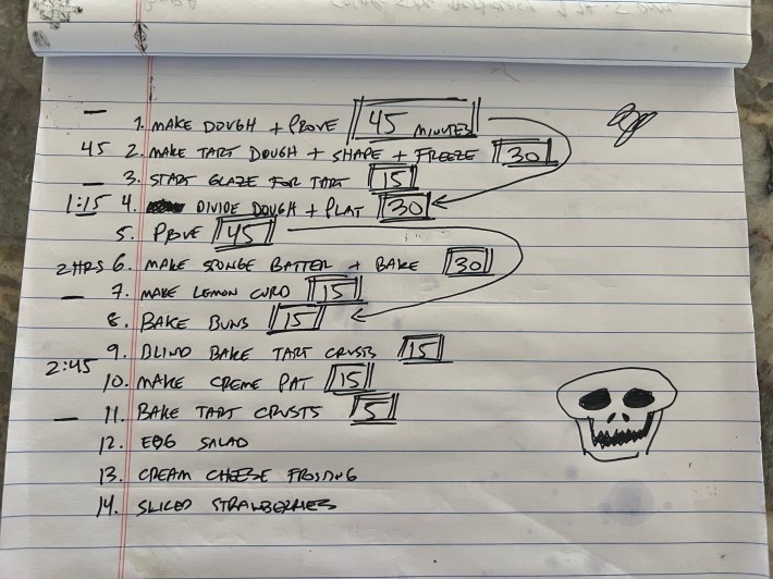 Chris's handwritten baking plan, scrawled in sloppy all-caps and featuring a doodle of a skull.