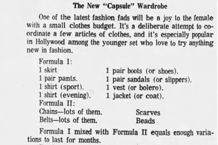 A newspaper article from 1969 listing the ingredients of "New 'Capsule' Dress": skirt, trousers, sport shirt, evening shirt, shoes, boots, vest, and jacket.