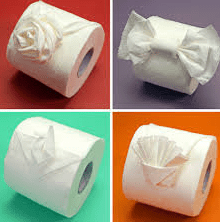 Rolls of toilet paper with artsy bows folded into them