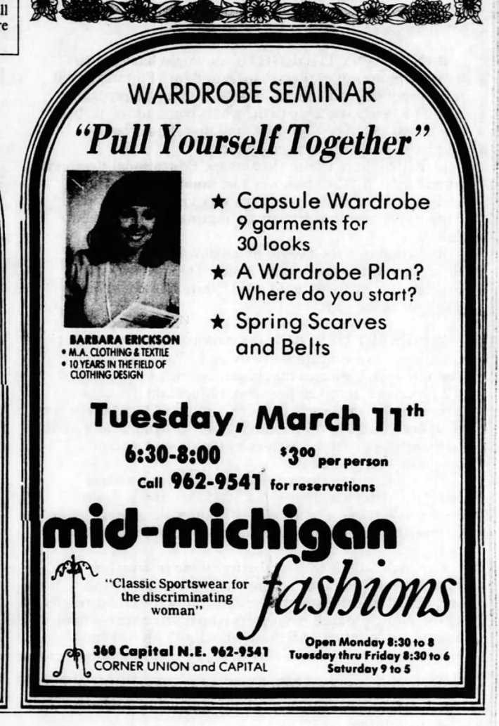 A newspaper clipping from the Battle Creek Enquirer showing an advertisement for a "wardrobe seminar" about capsule wardrobe planning.