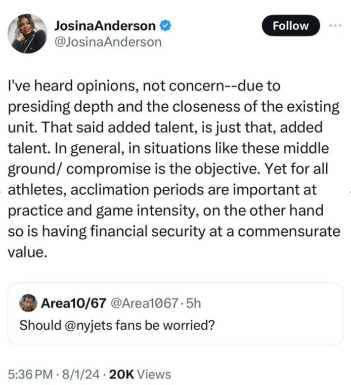 I've heard opinions, not concern--due to presiding depth and the closeness of the existing unit. That said added talent, is just that, added talent. In general, in situations like these middle ground/ compromise is the objective. Yet for all athletes, acclimation periods are important at practice and game intensity, on teh other hand so is having financial security at a commensurate value.