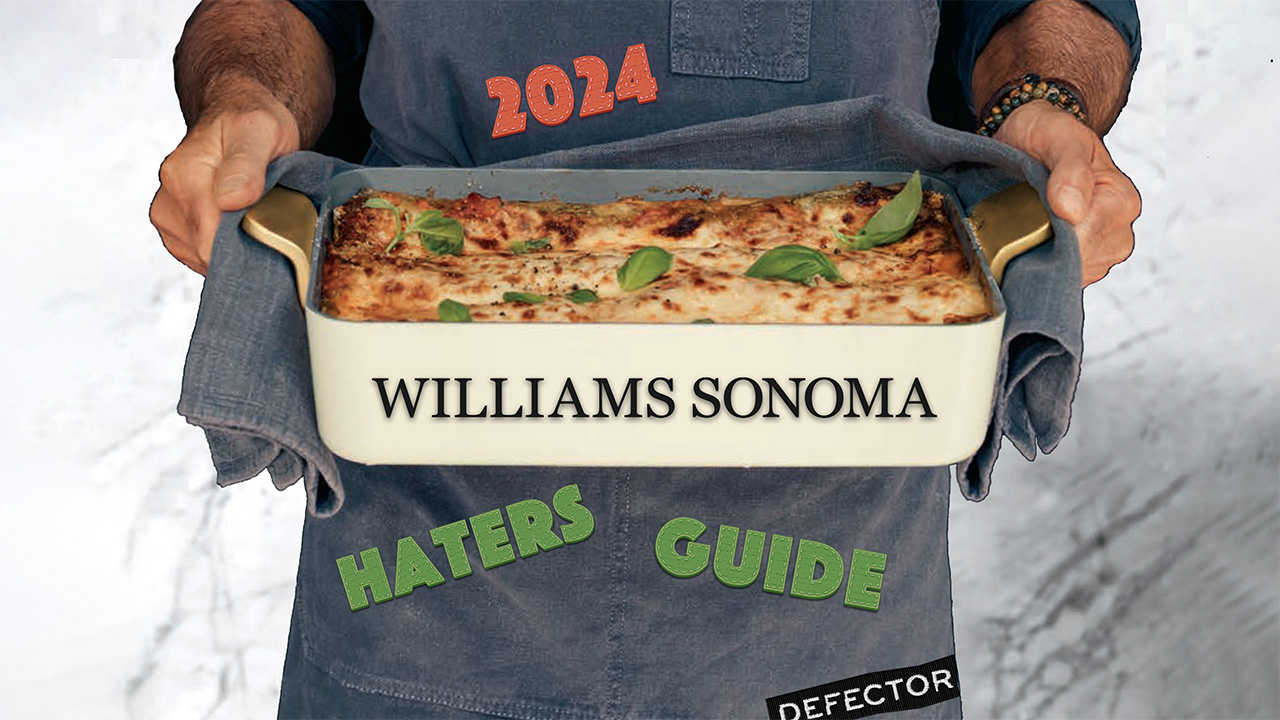 The 2024 Williams Sonoma Haters Guide title graphic, featuring a man in a blue apron holding a baking dish with Williams Sonoma digitally written on it. 'Embroidered' on the apron it says 2024 Williams Sonoma Haters Guide. He's in front of a marble background.