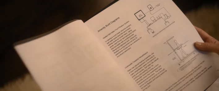 a screenshot of an open pamphlet with the title "Amenity Build Diagrams" followed by descriptions for "Heated Salt Water Pool Filtration System" and "Underwater Treadmill Rehabilitation"