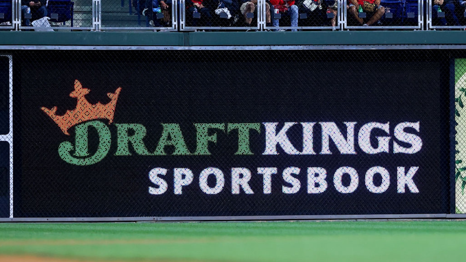 PHILADELPHIA, PA - JUNE 22: A general view of the DraftKings logo in the outfield during the Major League baseball game between the Philadelphia Phillies and the Washington Nationals on June 22, 2021 at Citizens Bank Park in Philadelphis, PA.