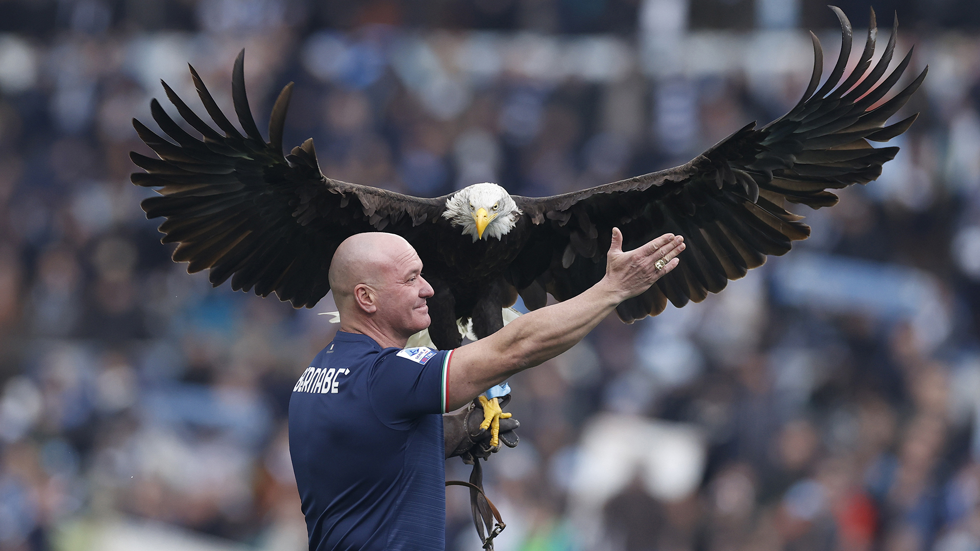 SS Lazio mascotte eagle Olimpia with the falconer Juan Bernabe on the pitch after the Serie A TIM match between SS Lazio and US Lecce - Serie A TIM at Stadio Olimpico on January 14, 2024 in Rome, Italy.