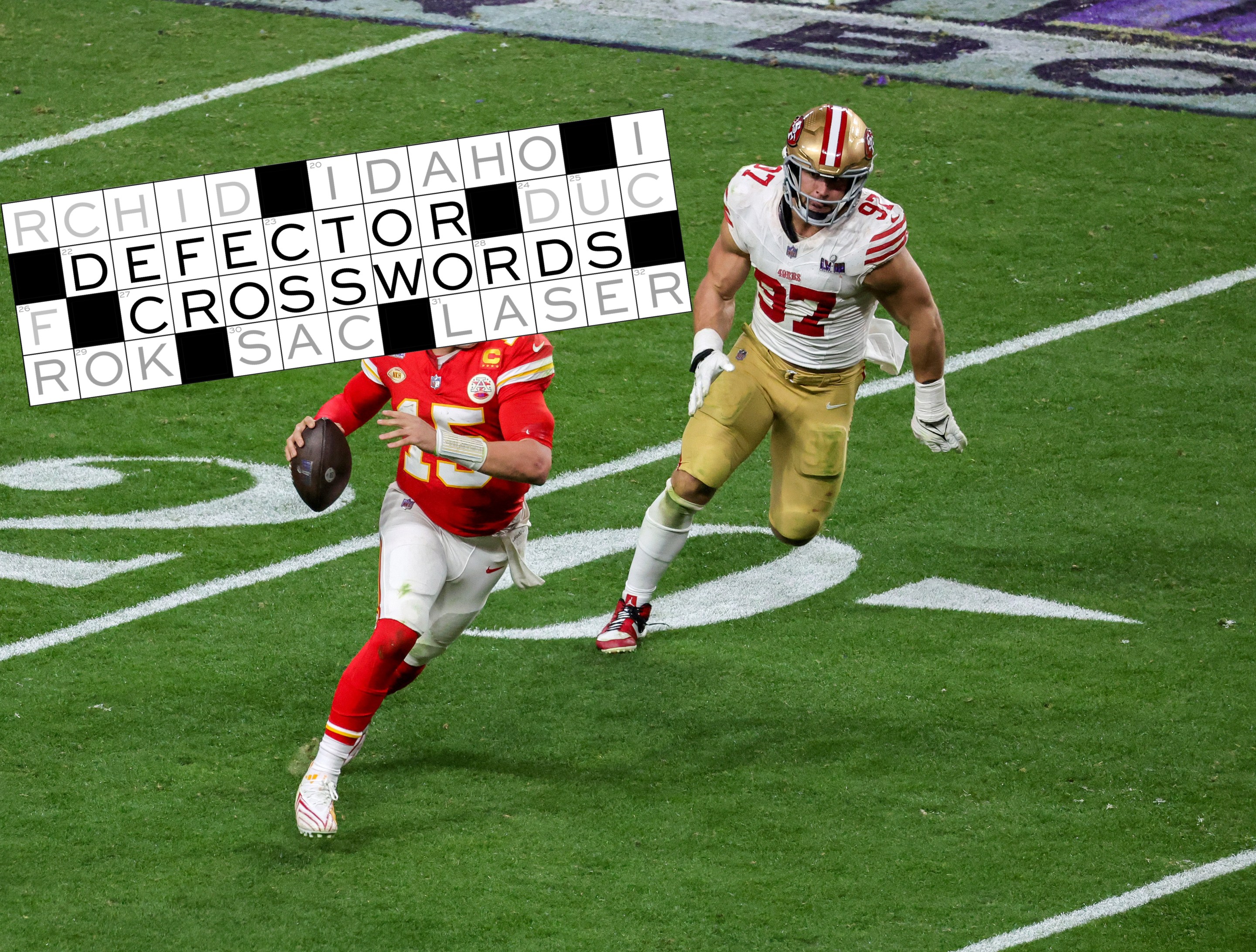 Quarterback Patrick Mahomes #15 of the Kansas City Chiefs looks to throw under pressure from defensive end Nick Bosa #97 of the San Francisco 49ers in the fourth quarter of Super Bowl LVIII at Allegiant Stadium on February 11, 2024 in Las Vegas, Nevada. The Chiefs defeated the 49ers 25-22 in overtime.