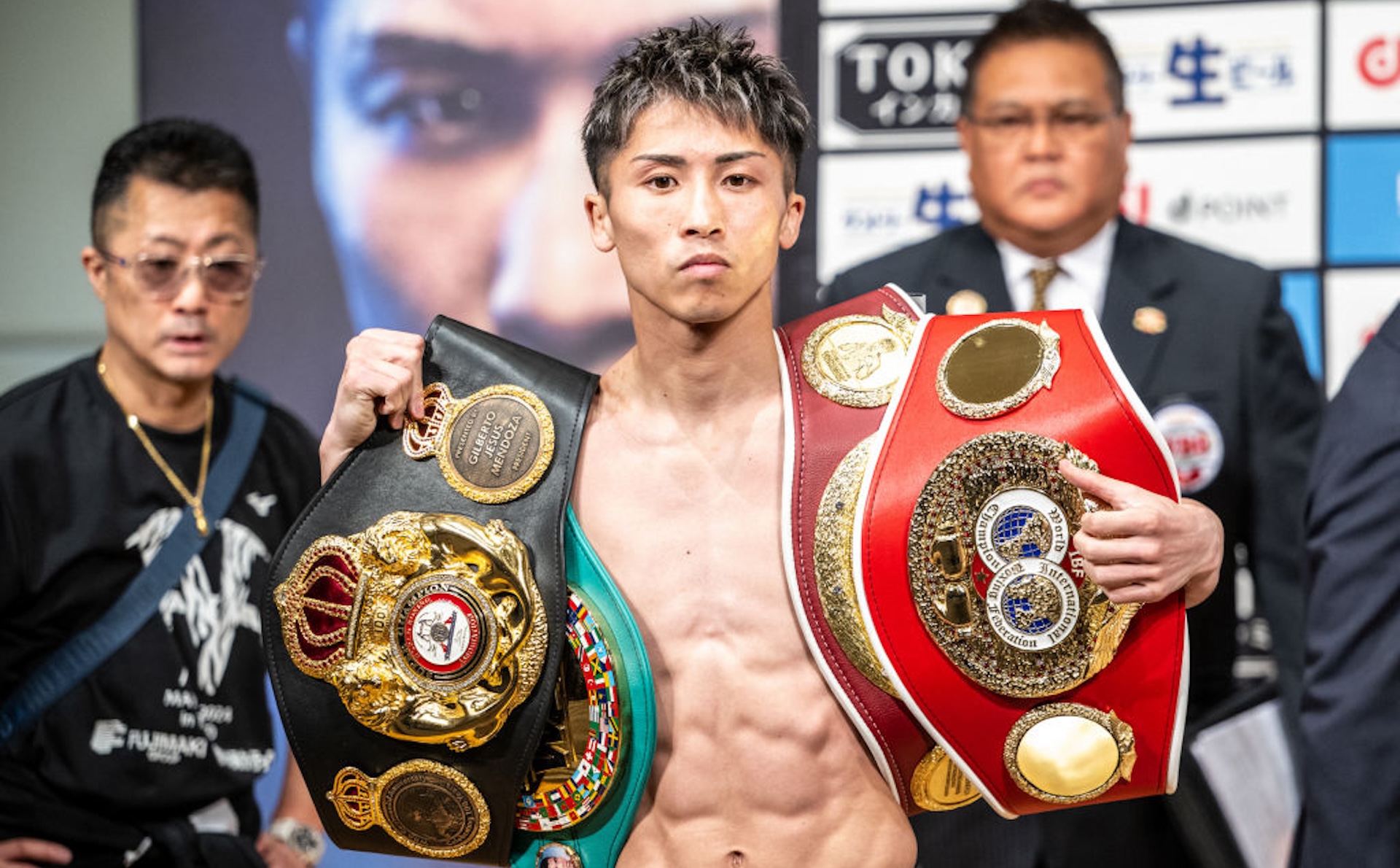 Japan’s Naoya Inoue poses during the official weigh-in in Tokyo on May 5, 2024 ahead of his super-bantamweight title boxing match against Mexico’s Luis Nery.