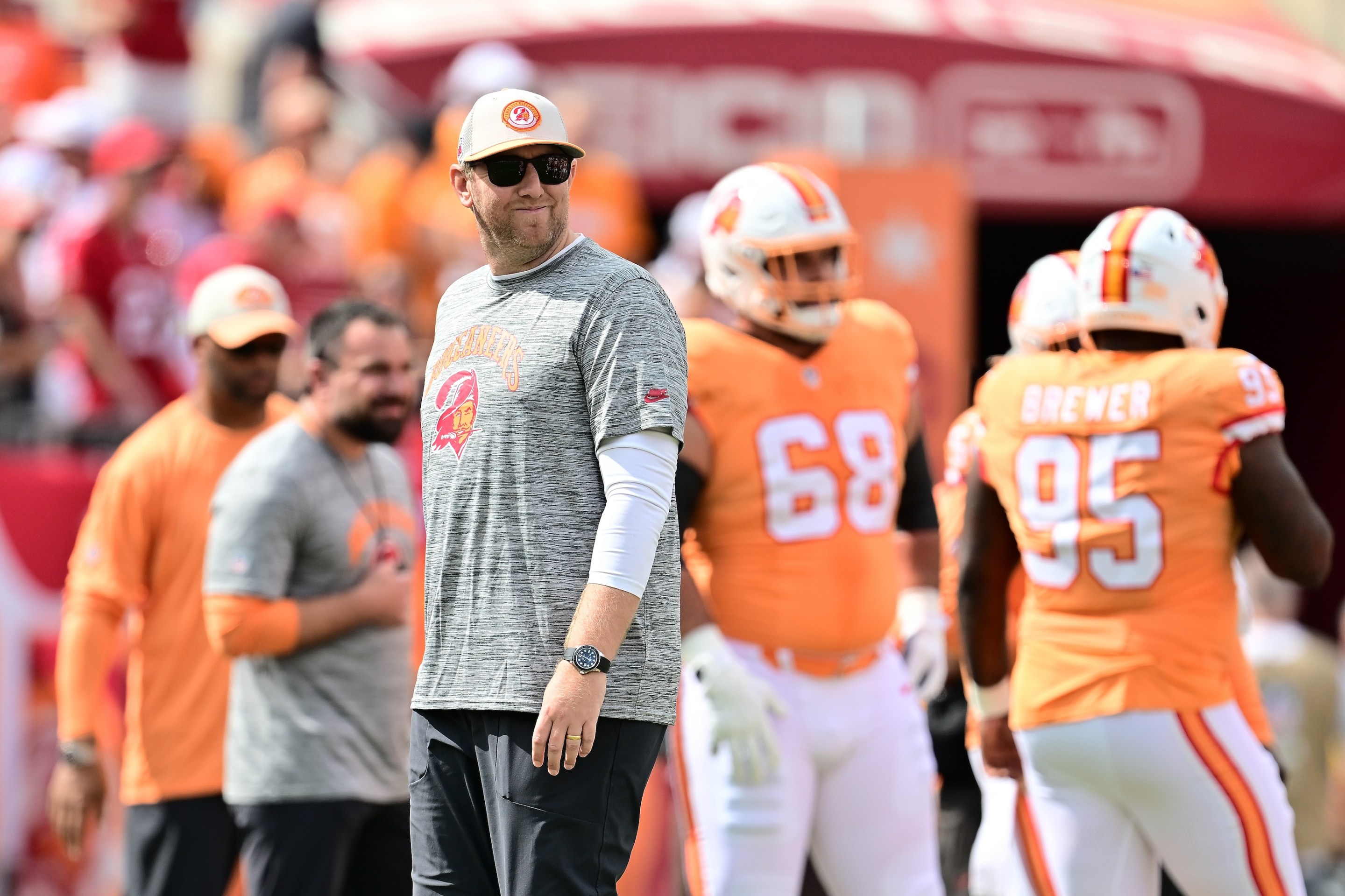 Offensive coordinator Liam Coen of the Tampa Bay Buccaneers looks on during pregame warmups prior to facing the Atlanta Falcons.