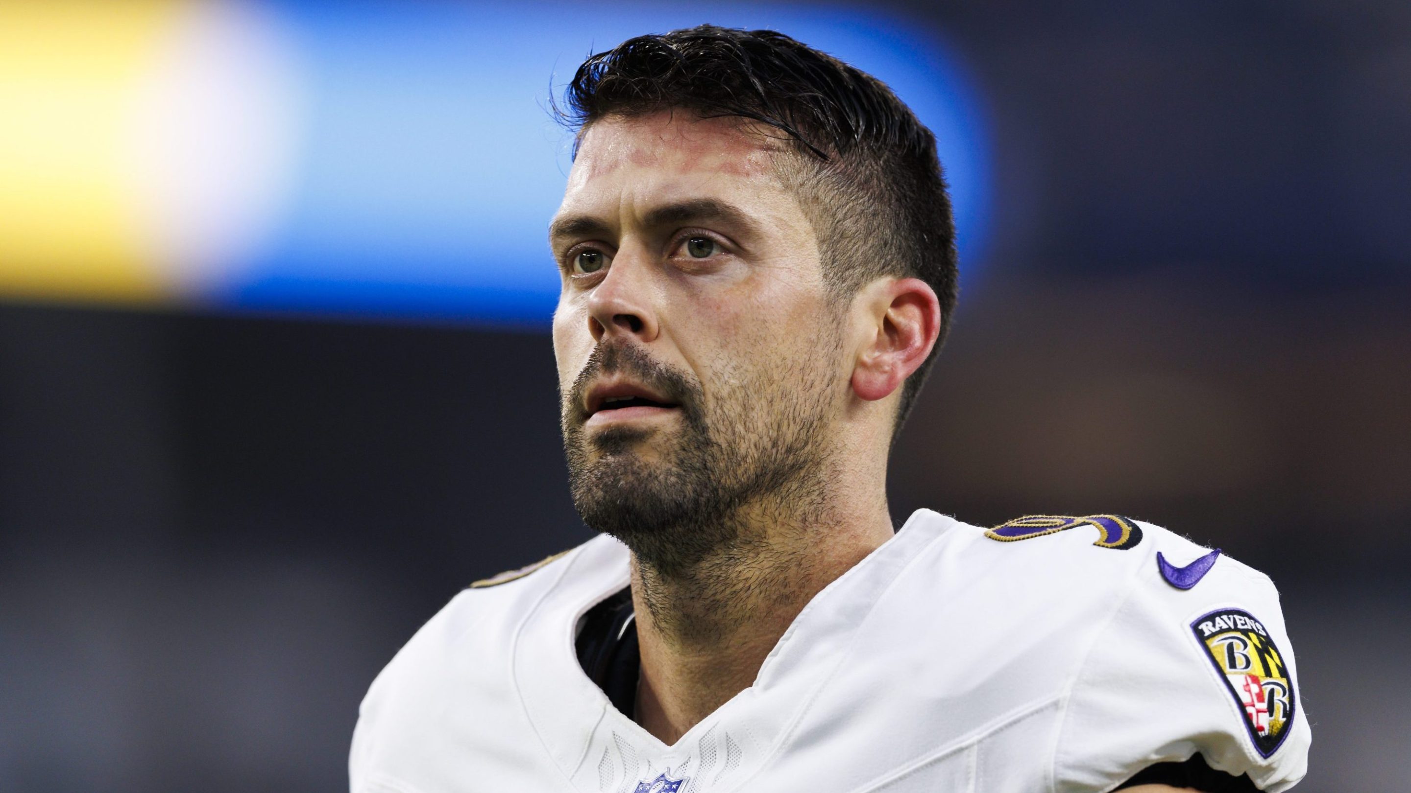 Justin Tucker #9 of the Baltimore Ravens walks off the field before a game against the Los Angeles Chargers at SoFi Stadium on November 25, 2024 in Inglewood, California.