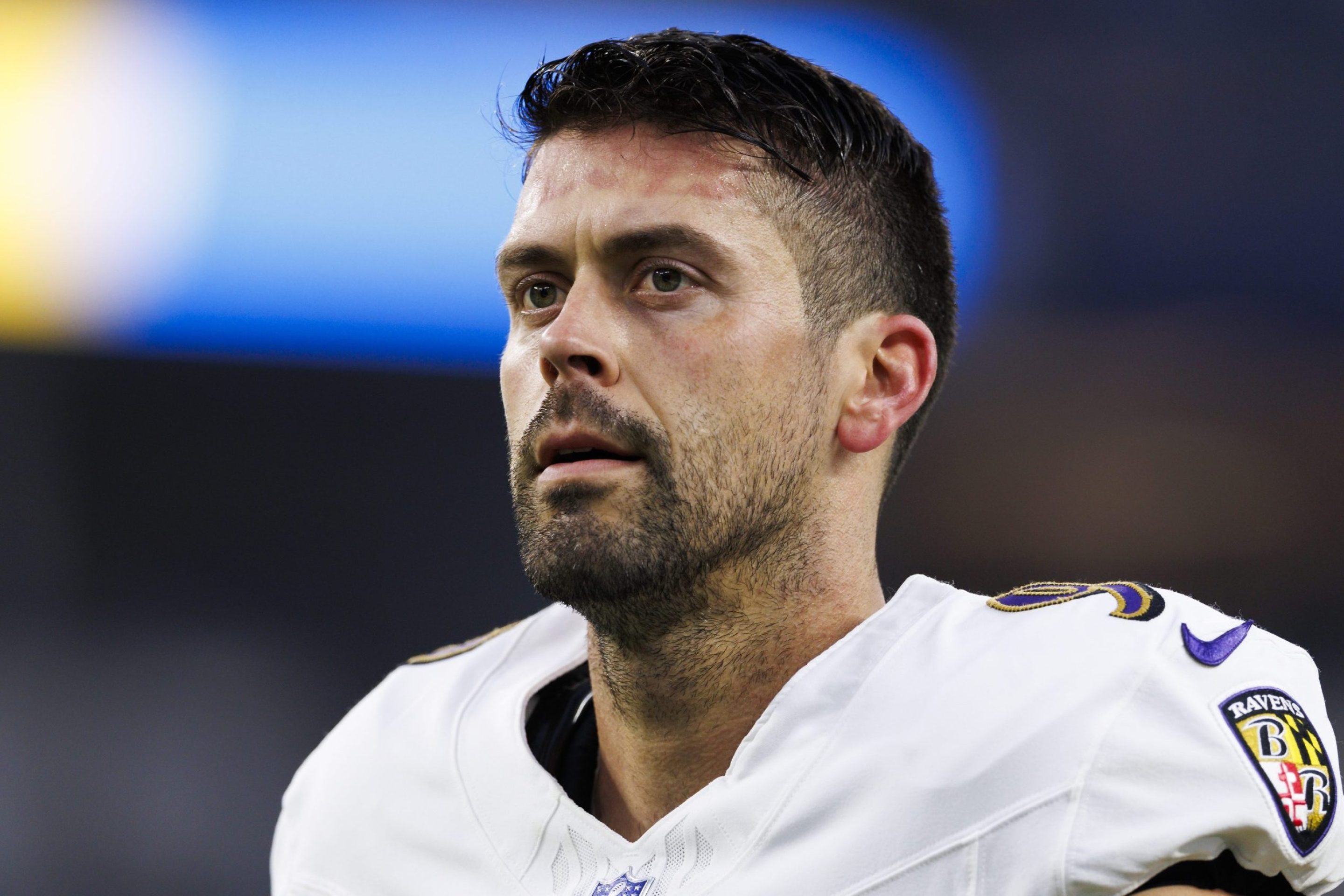 Justin Tucker #9 of the Baltimore Ravens walks off the field before a game against the Los Angeles Chargers at SoFi Stadium on November 25, 2024 in Inglewood, California.