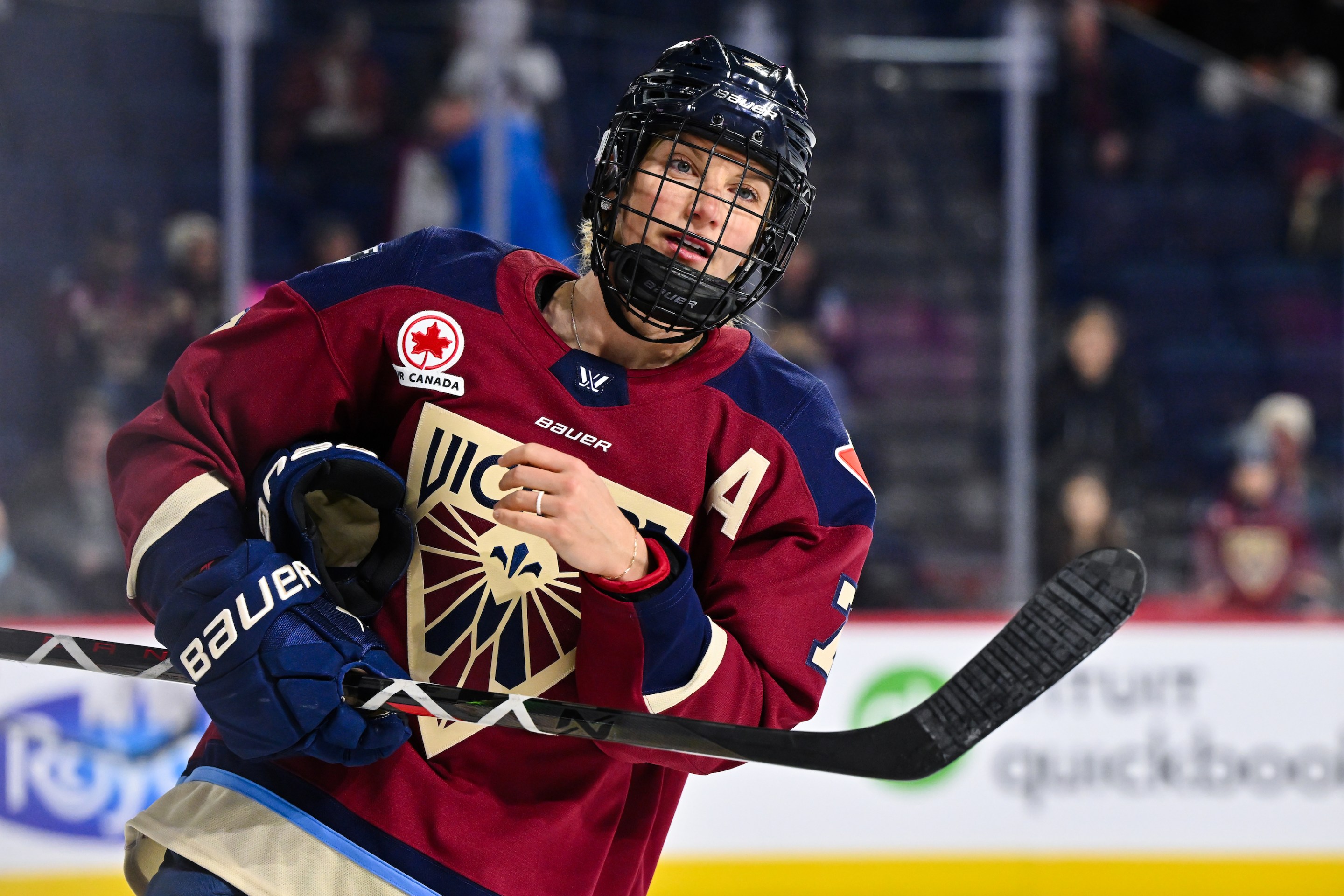 Laura Stacey #7 of the Montreal Victoire skates during warmups prior to the game against the New York Sirens at Place Bell on December 4, 2024 in Laval, Quebec, Canada. The New York Sirens defeated the Montreal Victoire 4-1.