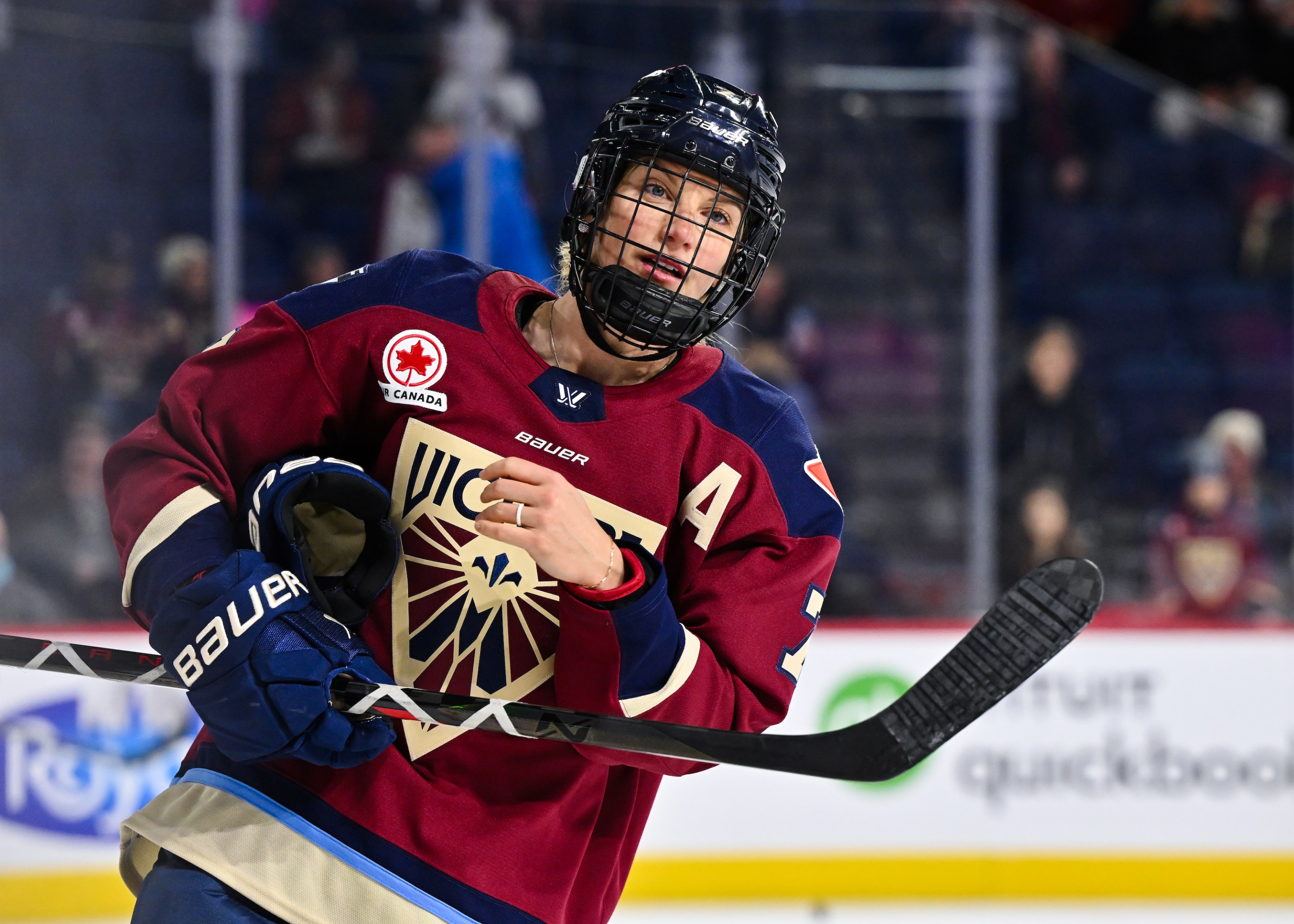 Laura Stacey #7 of the Montreal Victoire skates during warmups prior to the game against the New York Sirens at Place Bell on December 4, 2024 in Laval, Quebec, Canada. The New York Sirens defeated the Montreal Victoire 4-1.