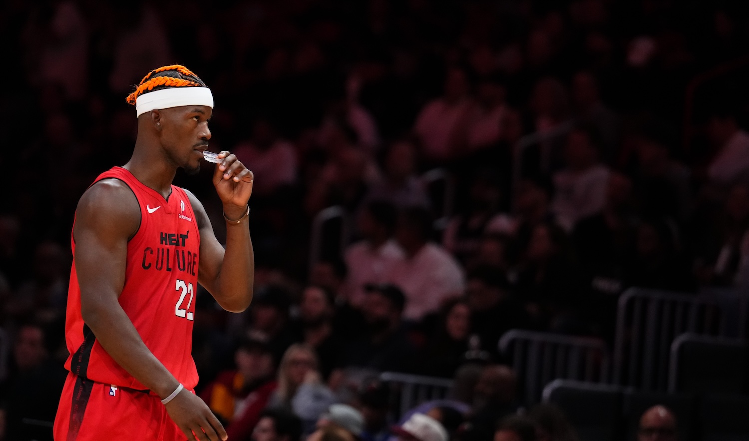 MIAMI, FLORIDA - DECEMBER 12: Jimmy Butler #22 of the Miami Heat looks on against the Toronto Raptors during the second quarter at Kaseya Center on December 12, 2024 in Miami, Florida. NOTE TO USER: User expressly acknowledges and agrees that, by downloading and or using this Photograph, user is consenting to the terms and conditions of the Getty Images License Agreement. (Photo by Rich Storry/Getty Images)