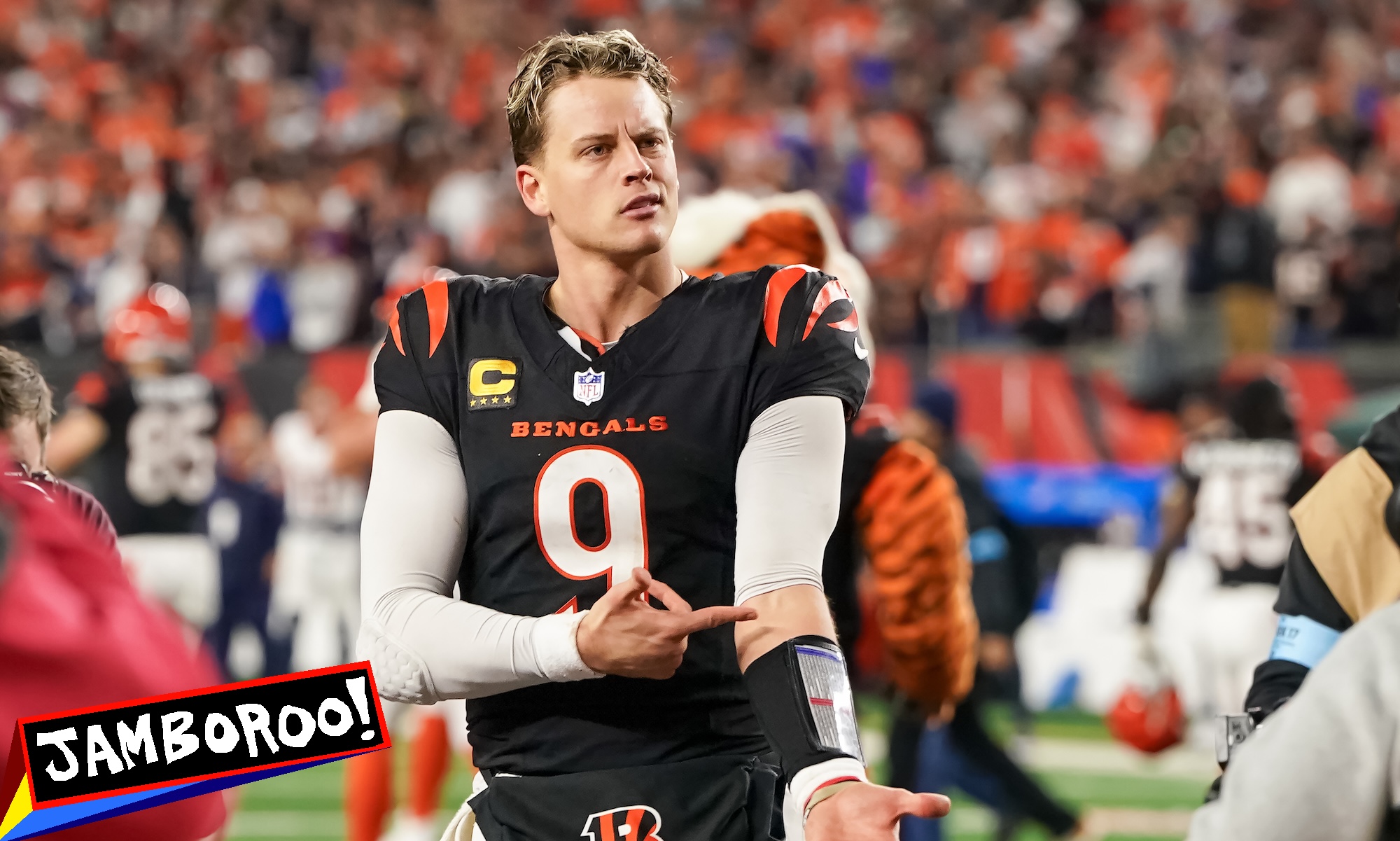 CINCINNATI, OHIO - DECEMBER 28: Joe Burrow #9 of the Cincinnati Bengals celebrates after beating the Denver Broncos 30-24 in overtime at Paycor Stadium on December 28, 2024 in Cincinnati, Ohio. (Photo by Dylan Buell/Getty Images)