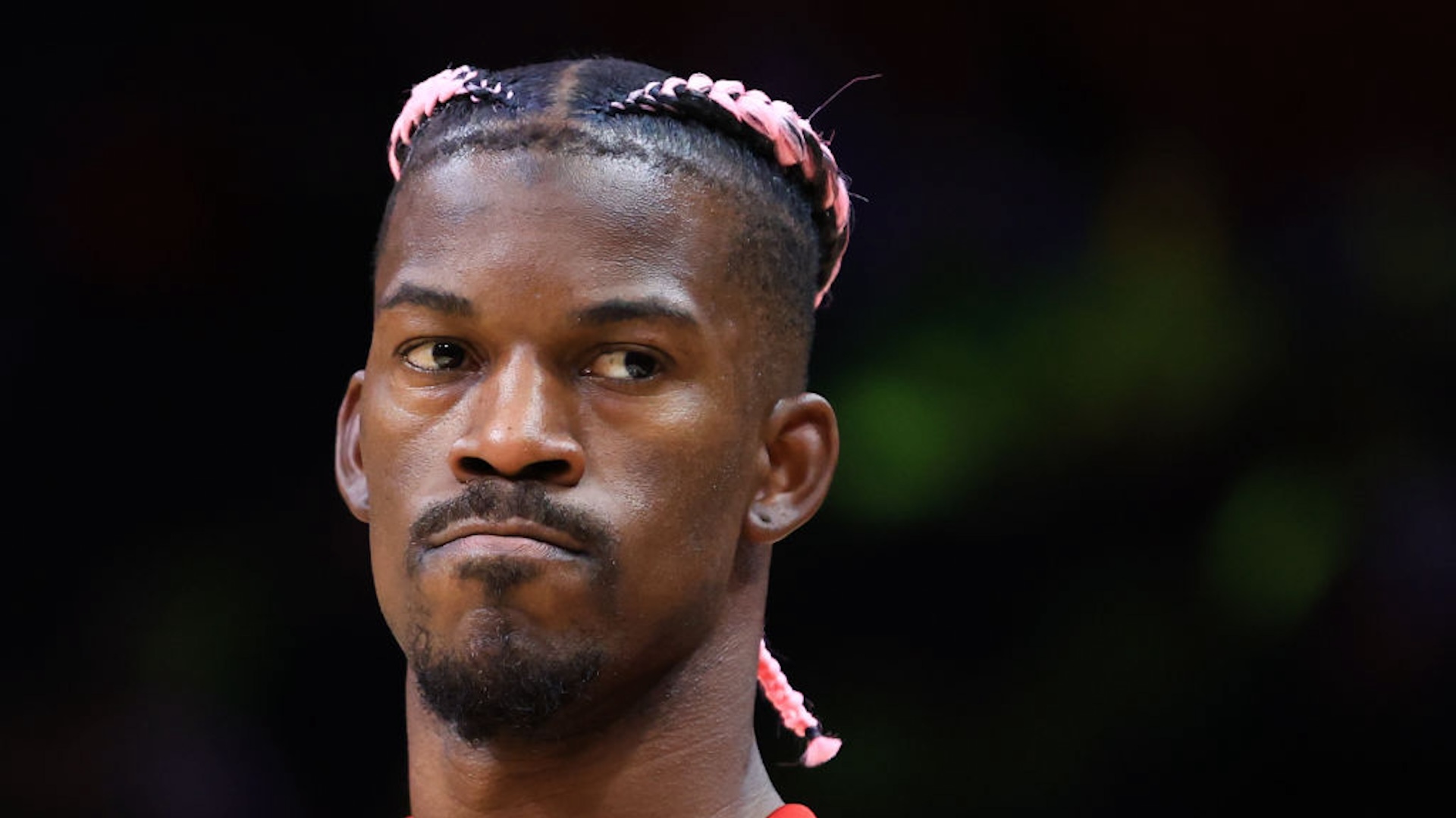 MIAMI, FLORIDA - JANUARY 01: Jimmy Butler #22 of the Miami Heat looks on prior to a game against the New Orleans Pelicans at Kaseya Center on January 01, 2025 in Miami, Florida. NOTE TO USER: User expressly acknowledges and agrees that, by downloading and or using this photograph, User is consenting to the terms and conditions of the Getty Images License Agreement.