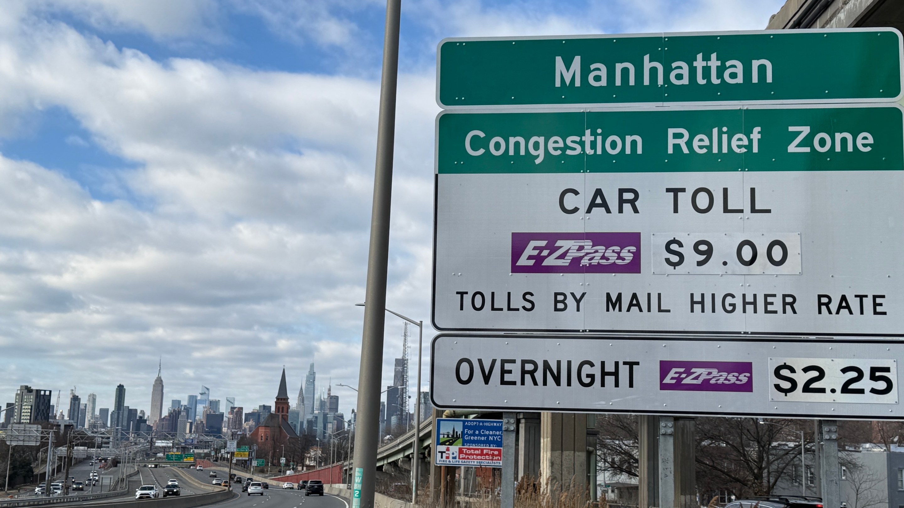 Congestion pricing, or Congestion Relief Zone, car toll sign on the westbound Long Island Expressway approaching Van Dam Street in Queens, New York on Jan. 5, 2025.