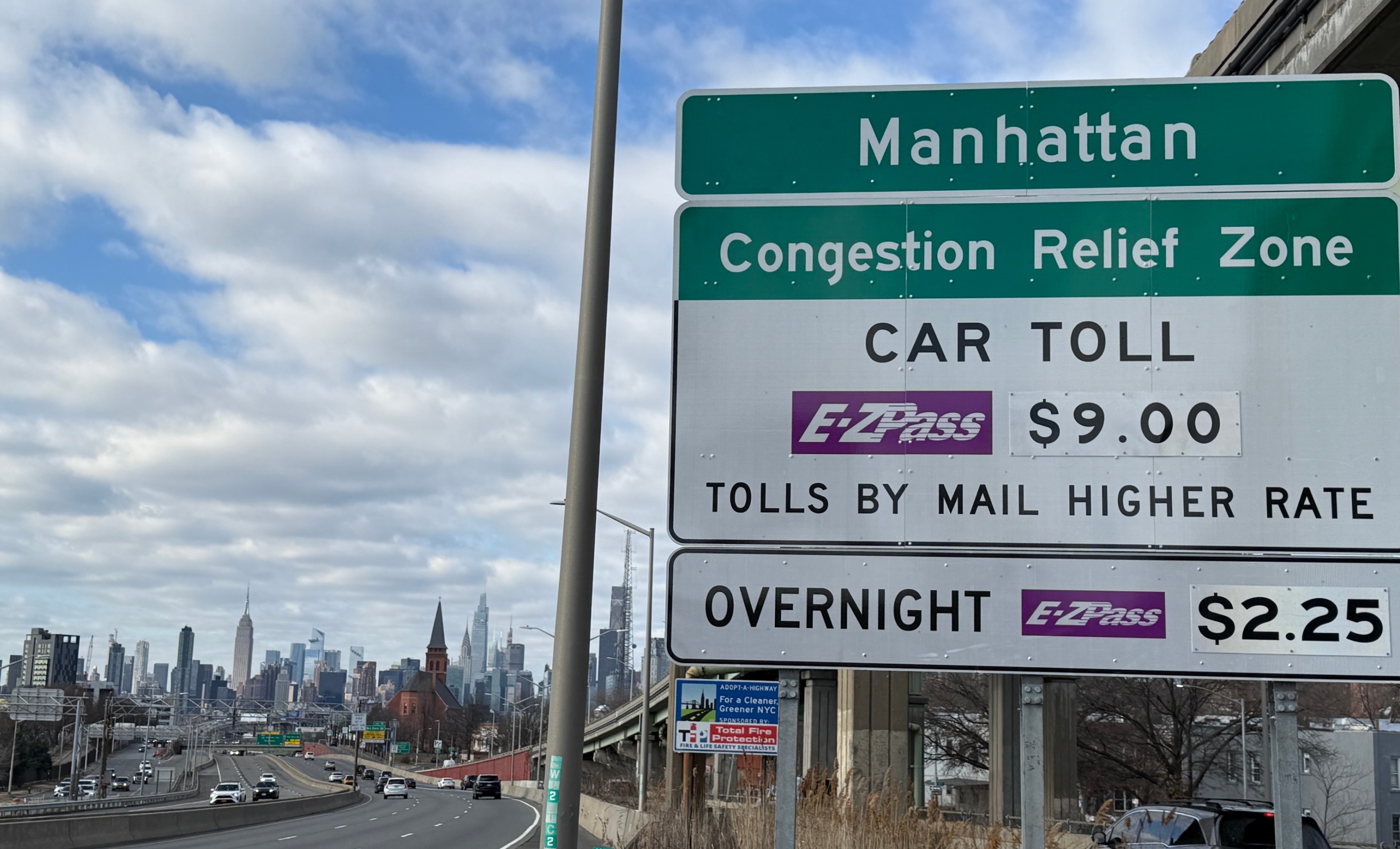 Congestion pricing, or Congestion Relief Zone, car toll sign on the westbound Long Island Expressway approaching Van Dam Street in Queens, New York on Jan. 5, 2025.