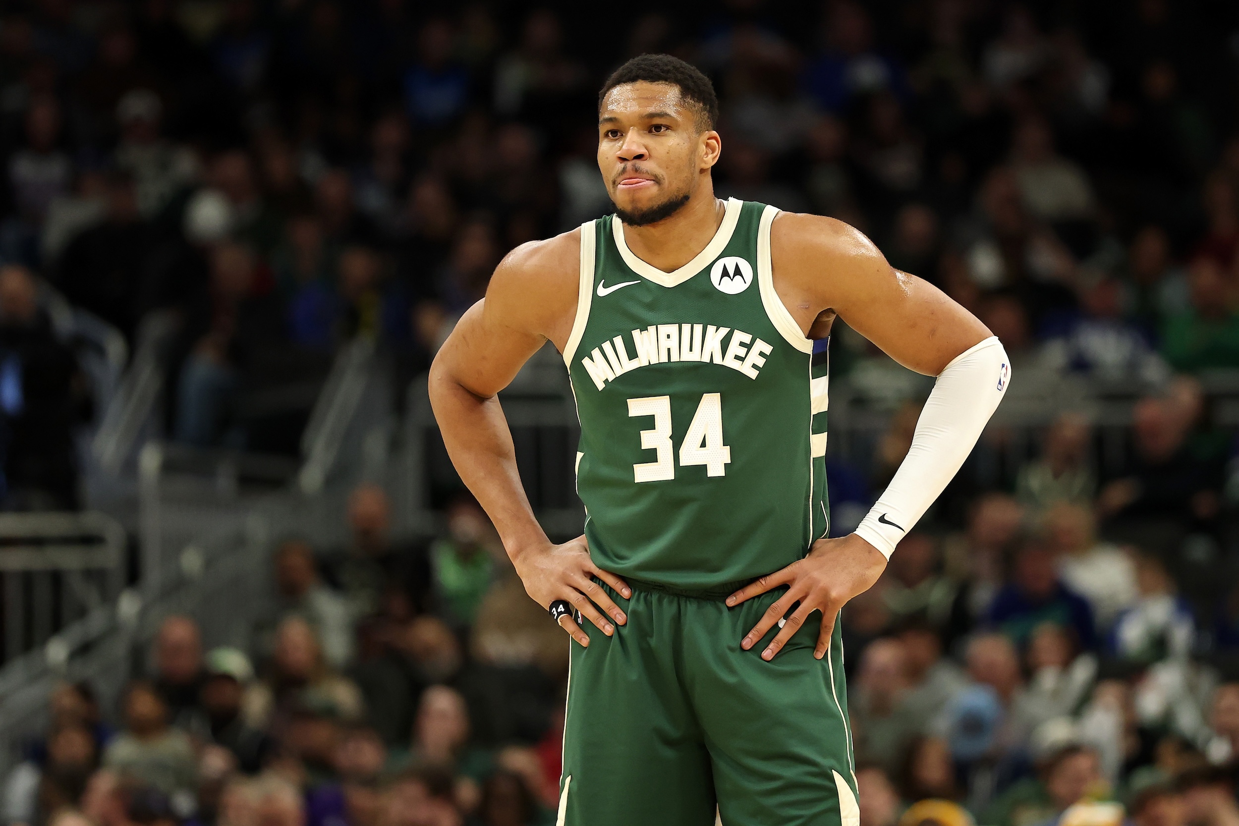 Giannis Antetokounmpo waits for a free throw.