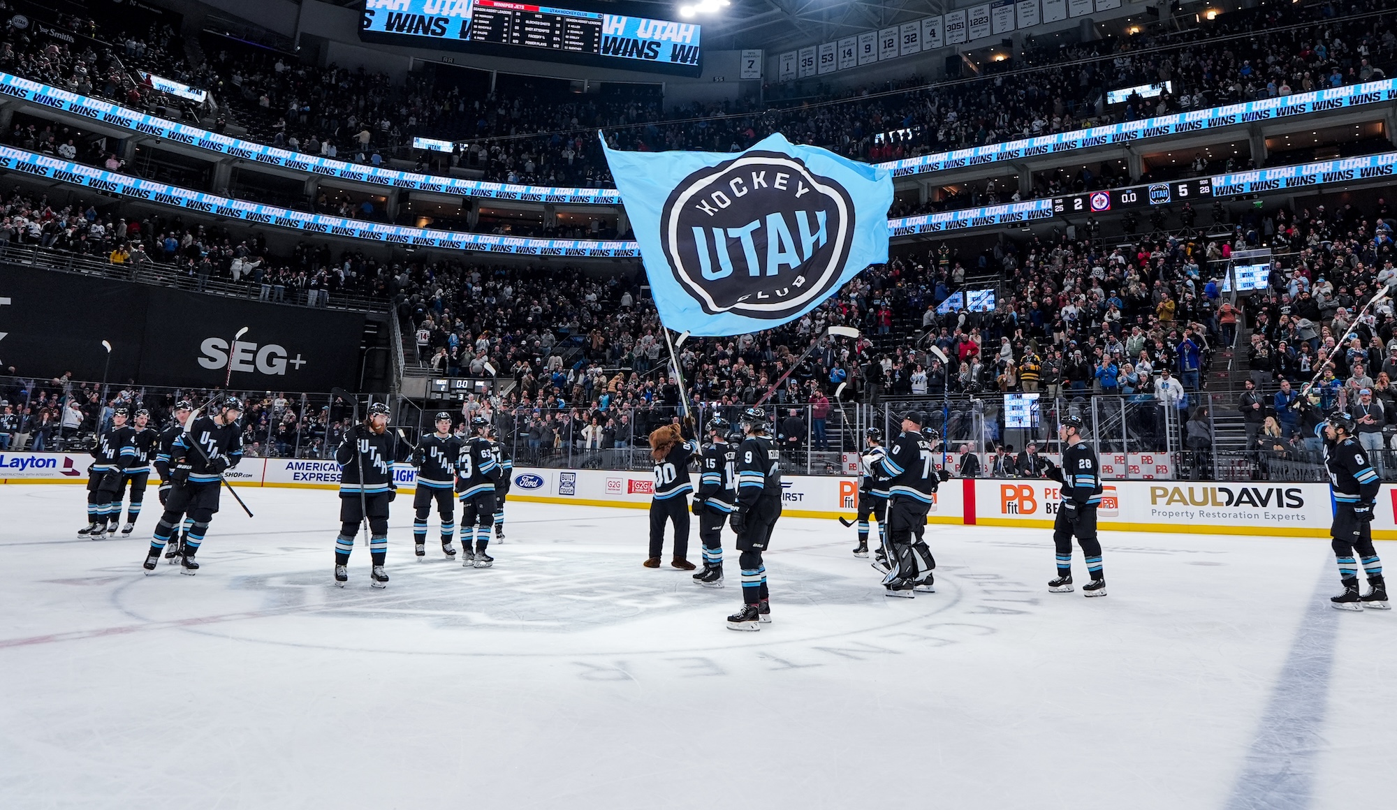 SALT LAKE CITY, UTAH - JANUARY 20: The Utah Hockey Club salutes the crowd after a win against the Winnipeg Jets on January 20, 2025 at Delta Center in Salt Lake City, Utah. (Photo by Hunter Dyke/NHLI via Getty Images)