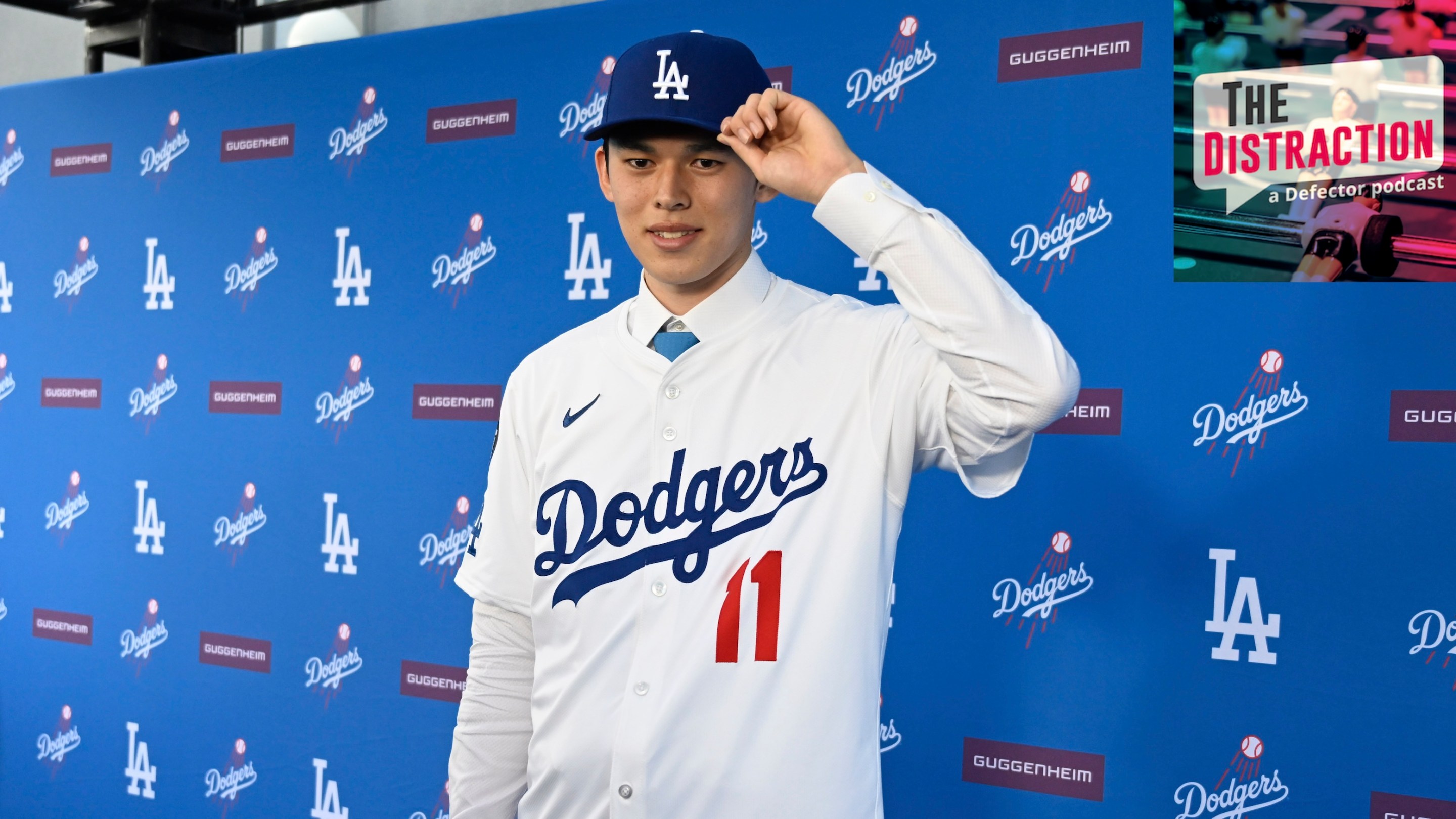 Japanese pitcher Roki Sasaki wearing #11 which was Miguel Rojas number is introduced as the newest Dodger during a press conference at Dodger Stadium in Los Angeles.