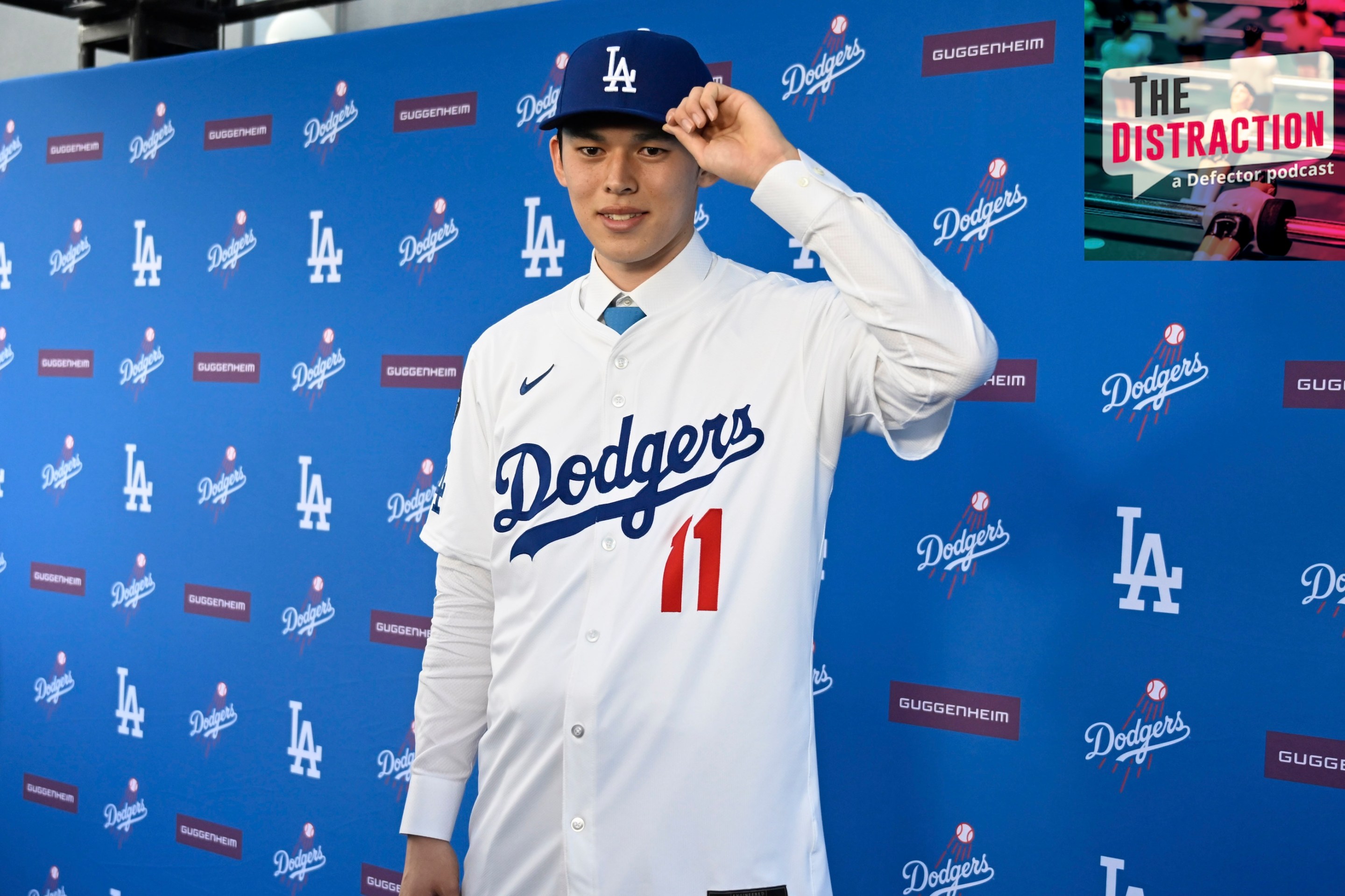 Japanese pitcher Roki Sasaki wearing #11 which was Miguel Rojas number is introduced as the newest Dodger during a press conference at Dodger Stadium in Los Angeles.