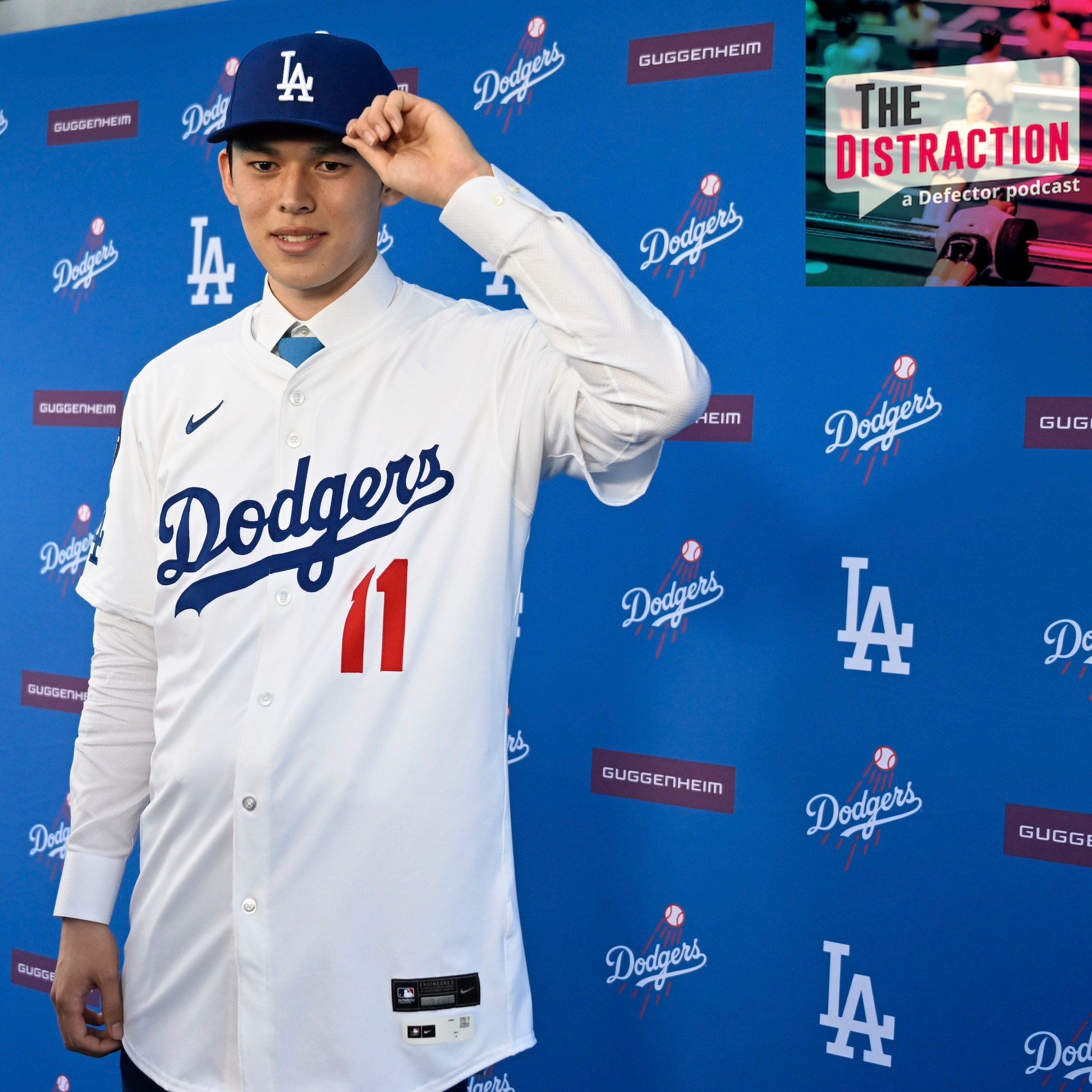 Japanese pitcher Roki Sasaki wearing #11 which was Miguel Rojas number is introduced as the newest Dodger during a press conference at Dodger Stadium in Los Angeles.