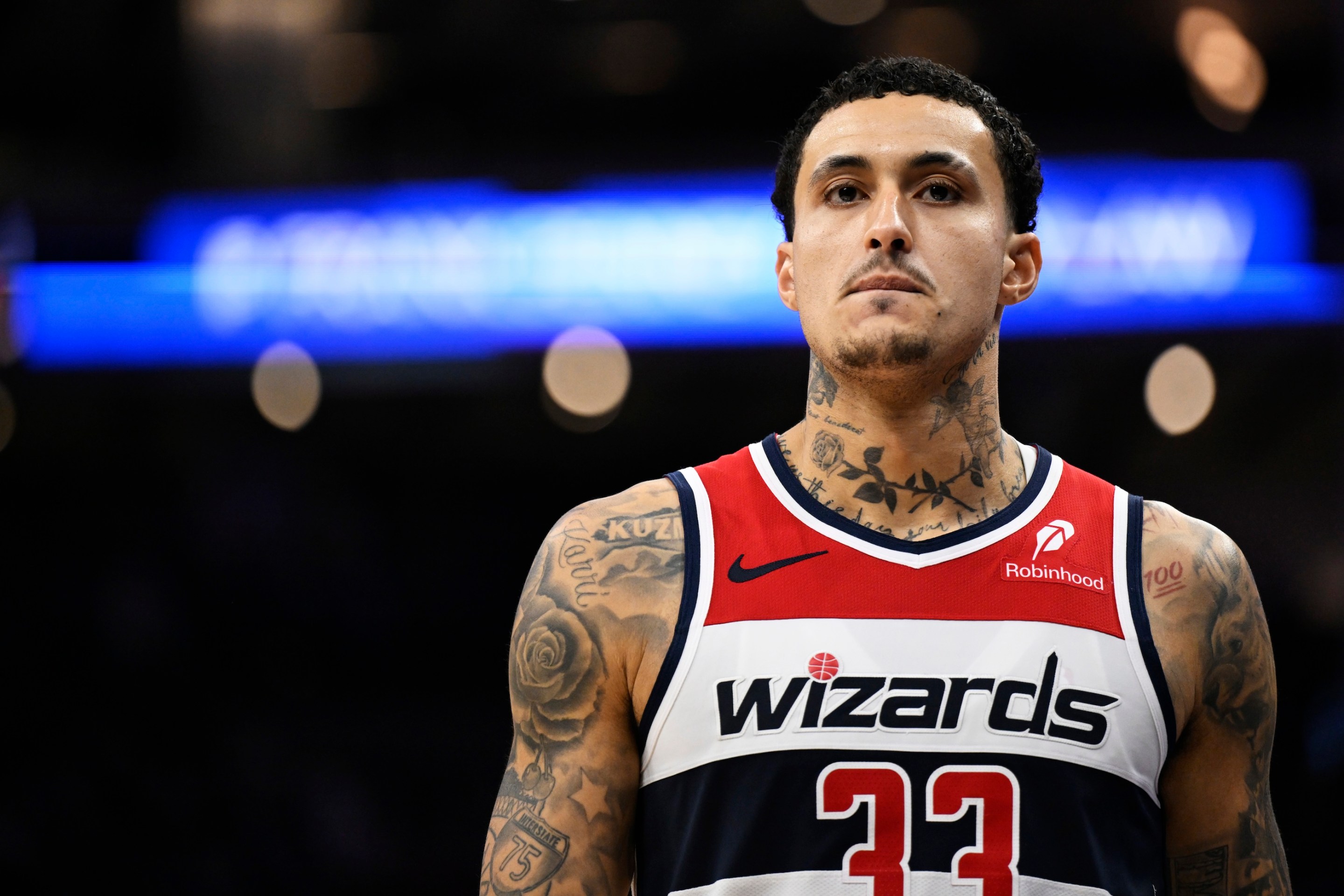 A distraught-looking Kyle Kuzma ards looks on against the Sacramento Kings in the third quarter at Golden 1 Center on January 19, 2025 in Sacramento.