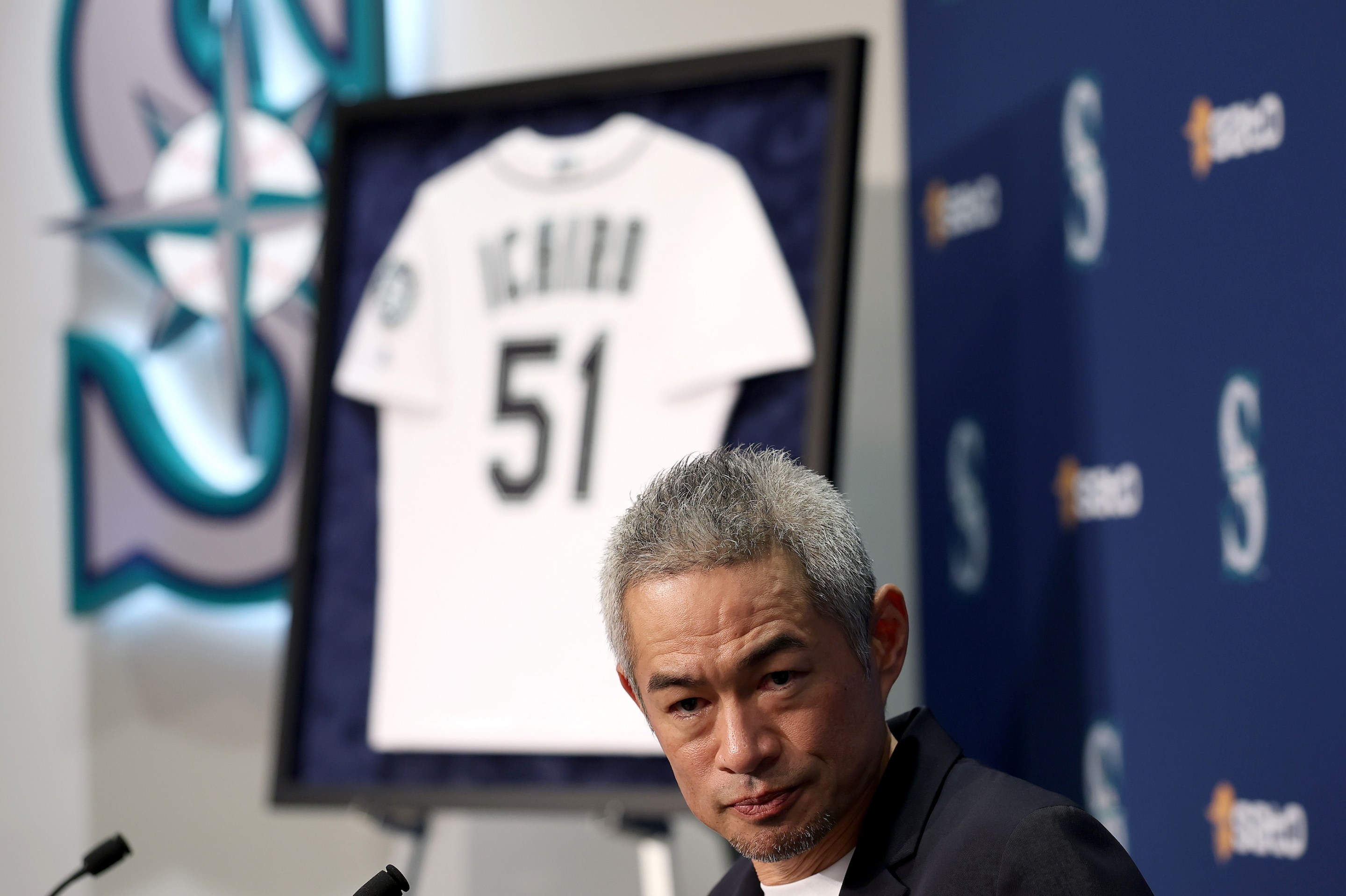 Former Seattle Mariners player Ichiro Suzuki reacts as he is elected into the National Baseball Hall of Fame, after receiving the results of the 2025 BBWAA voting.