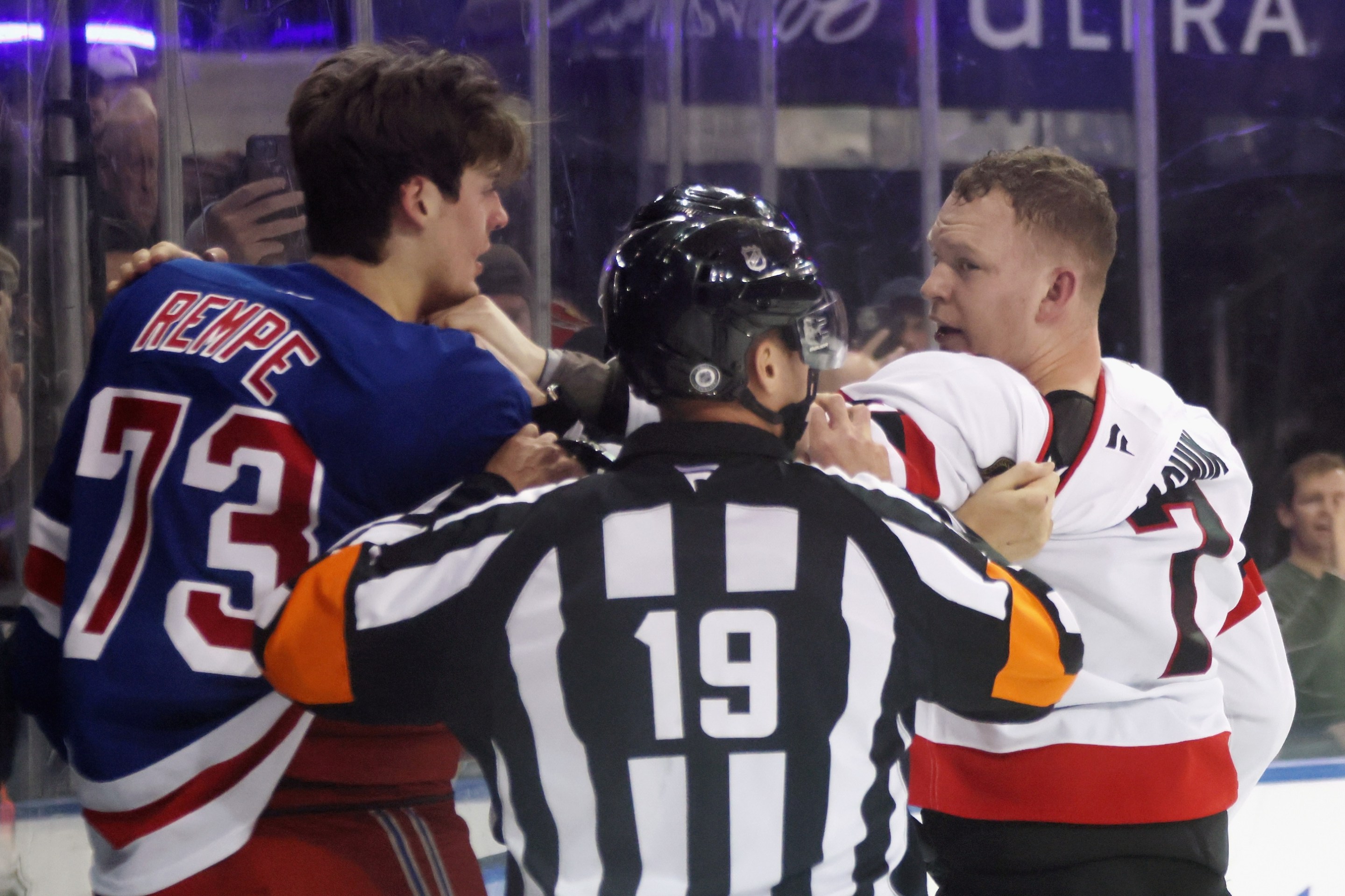 NEW YORK, NEW YORK - JANUARY 21: Matt Rempe #73 of the New York Rangers and Brady Tkachuk #7 of the Ottawa Senators battle at Madison Square Garden on January 21, 2025 in New York City. (Photo by Bruce Bennett/Getty Images)