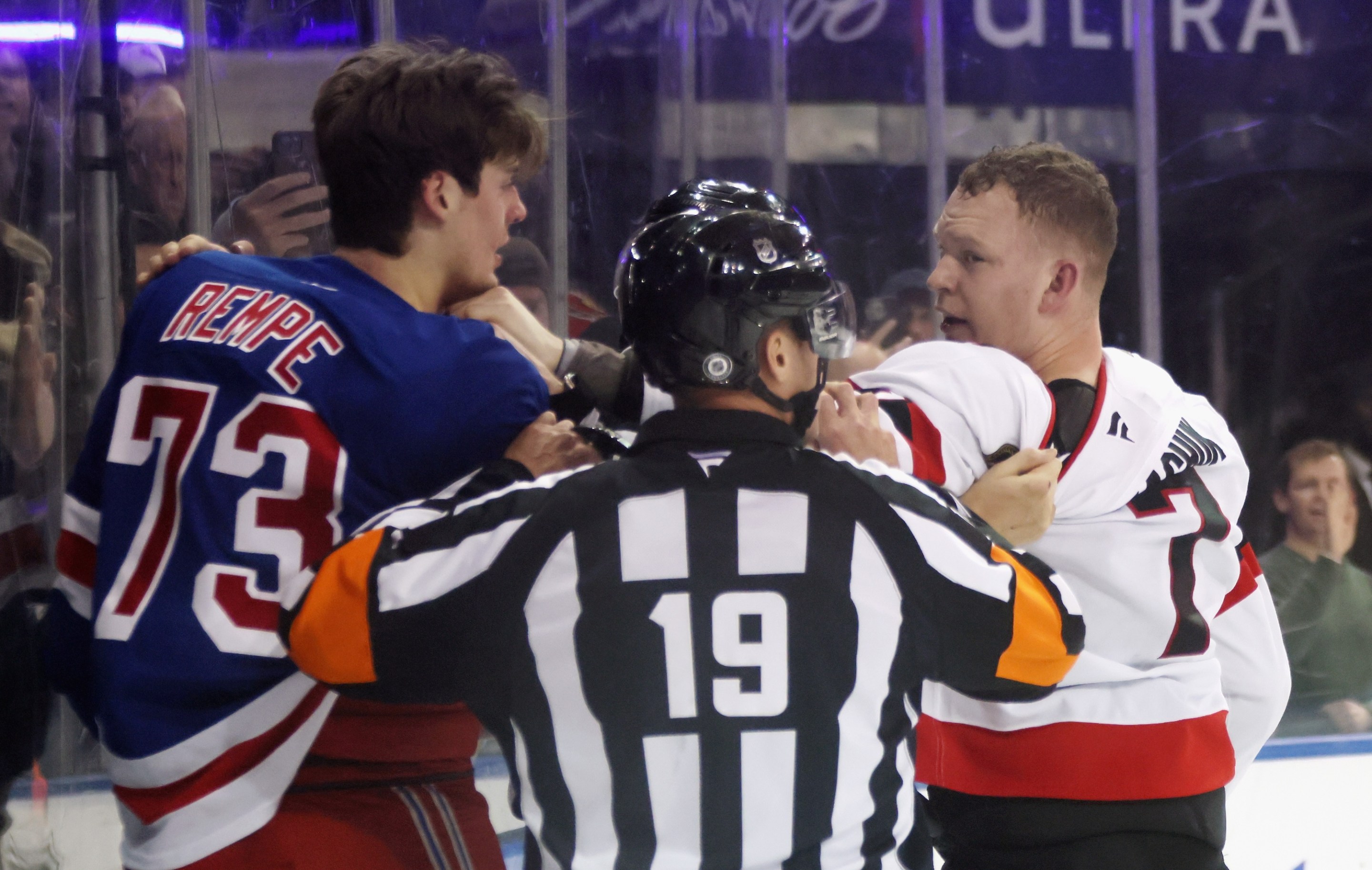 NEW YORK, NEW YORK - JANUARY 21: Matt Rempe #73 of the New York Rangers and Brady Tkachuk #7 of the Ottawa Senators battle at Madison Square Garden on January 21, 2025 in New York City. (Photo by Bruce Bennett/Getty Images)