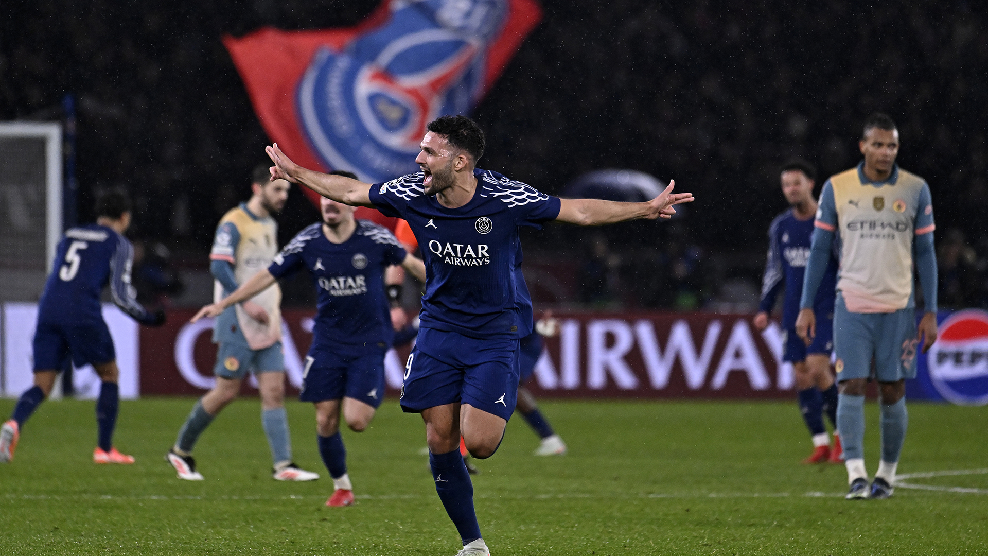 Goncalo Ramos of Paris Saint-Germain reacts after scoring during the UEFA Champions League 2024/25 League Phase MD7 match between Paris Saint-Germain and Manchester City at Parc des Princes on January 22, 2025 in Paris, France.